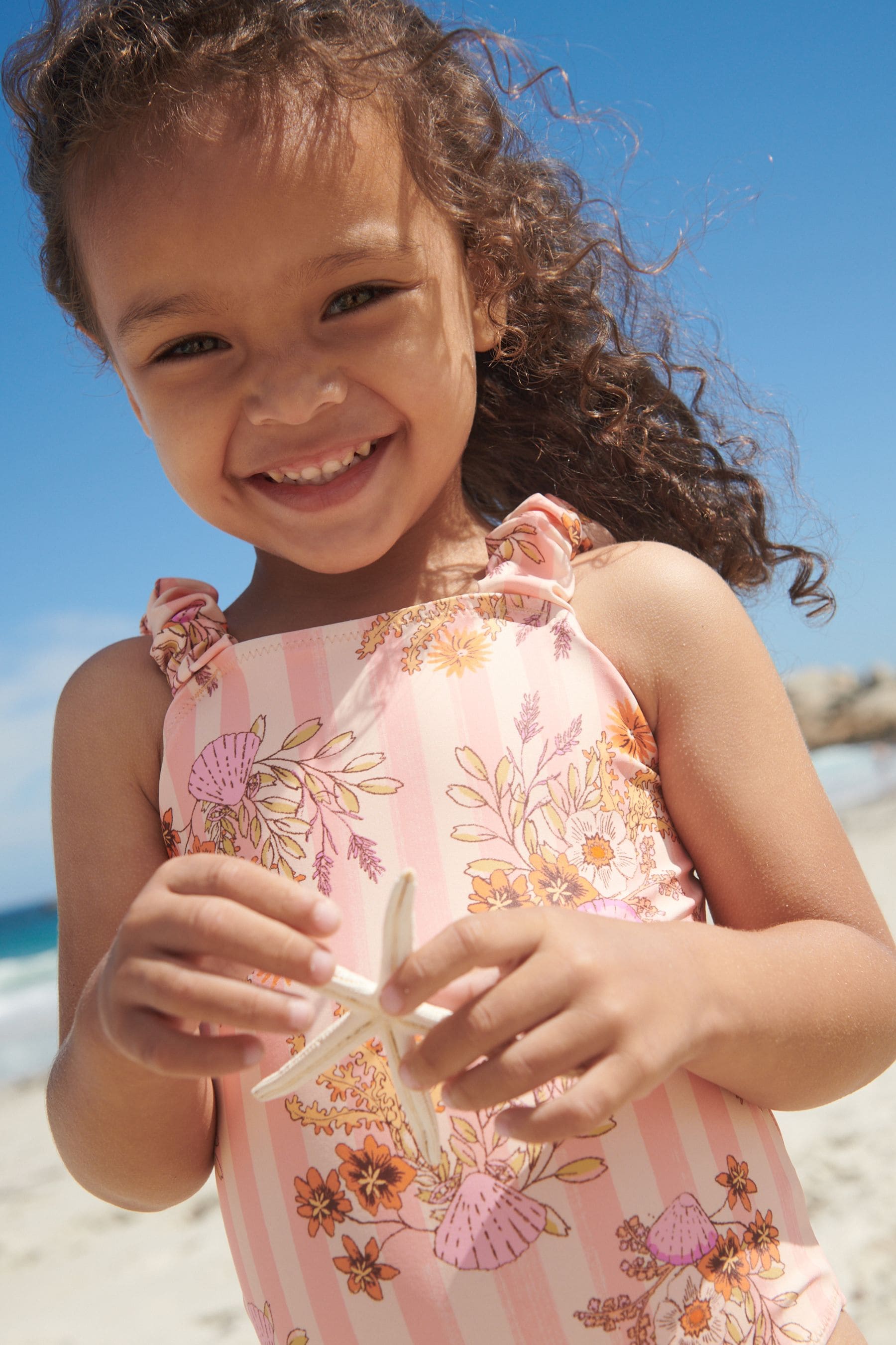 Pink/Orange Floral Ruched Sleeves Swimsuit (3mths-12yrs)