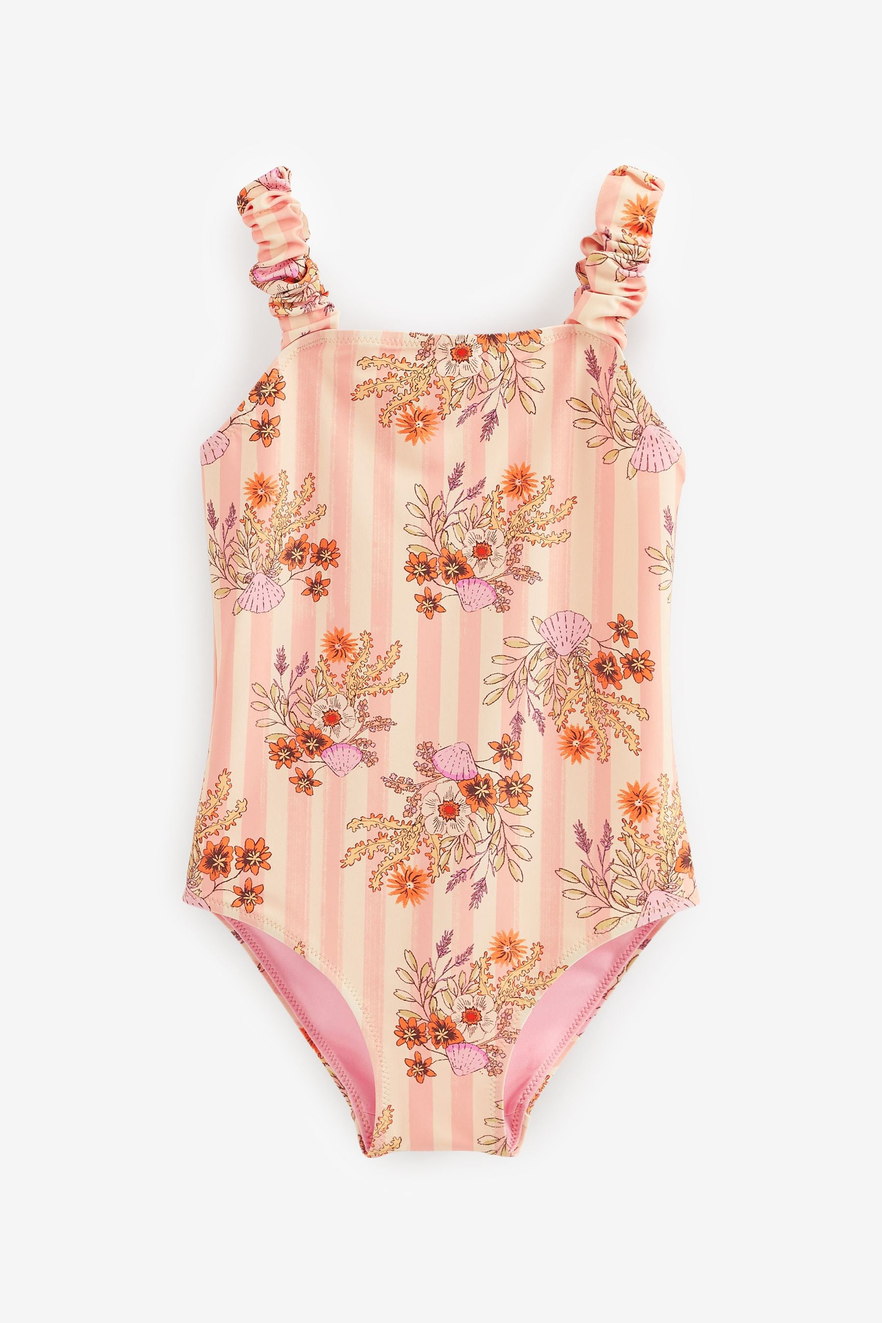 Pink/Orange Floral Ruched Sleeves Swimsuit (3mths-12yrs)