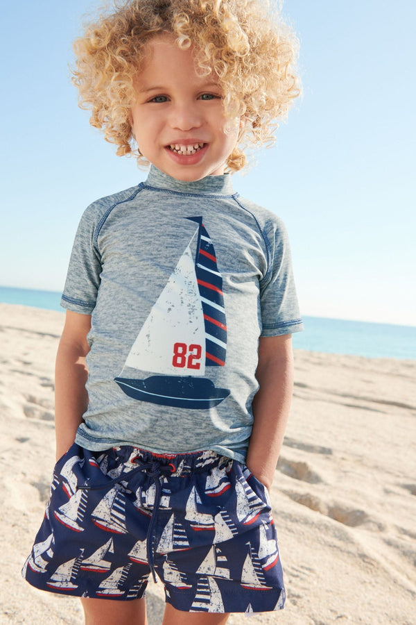 Grey/Navy Blue Boat 2-Piece Rash Vest And Shorts Set (3mths-7yrs)