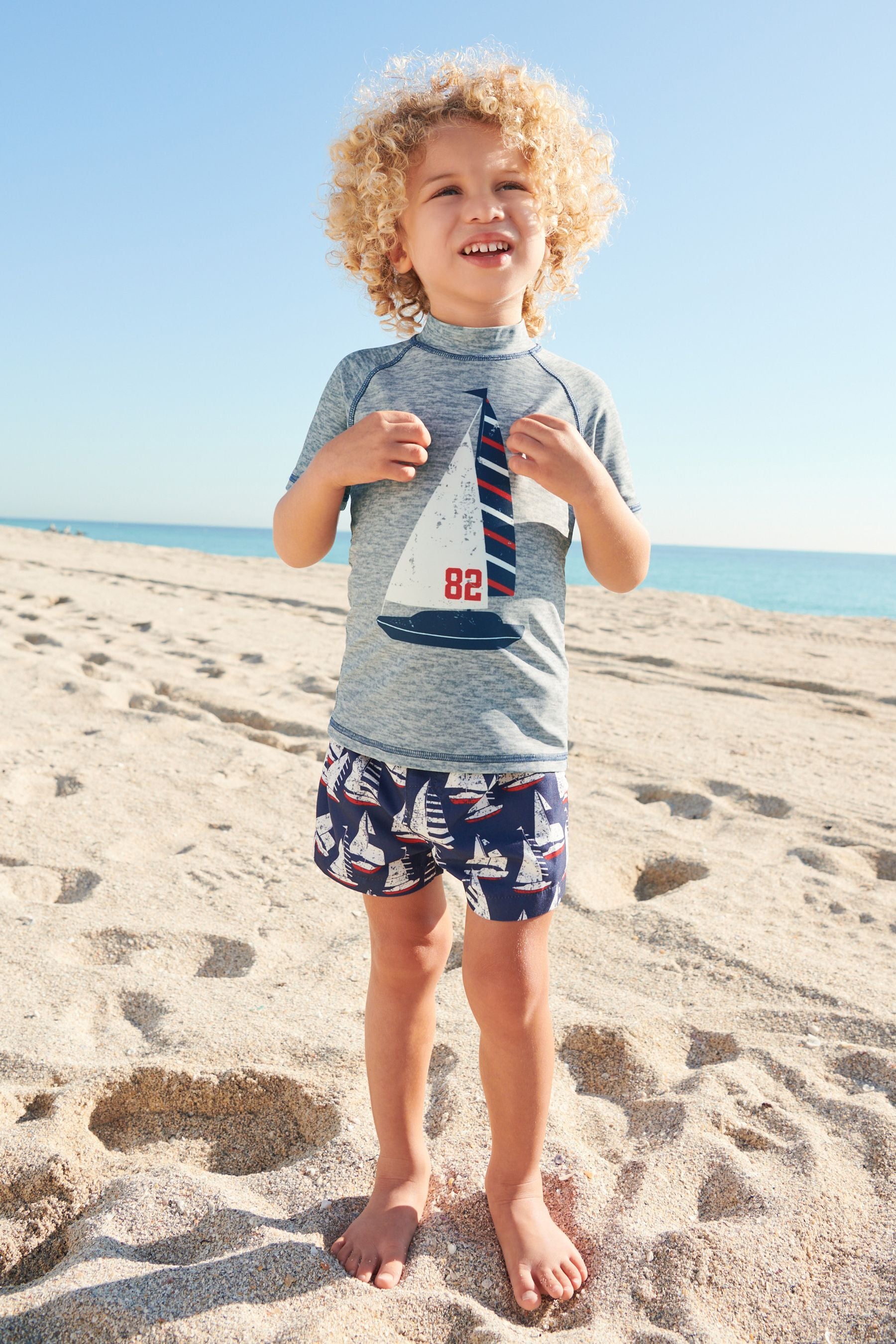 Grey/Navy Blue Boat 2-Piece Rash Vest And Shorts Set (3mths-7yrs)