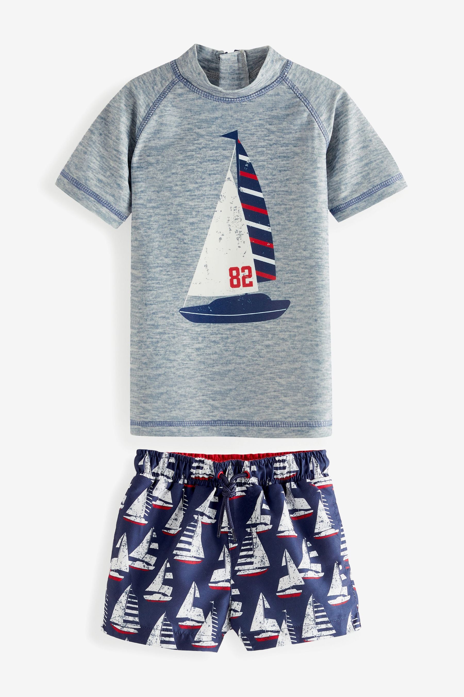 Grey/Navy Blue Boat 2-Piece Rash Vest And Shorts Set (3mths-7yrs)