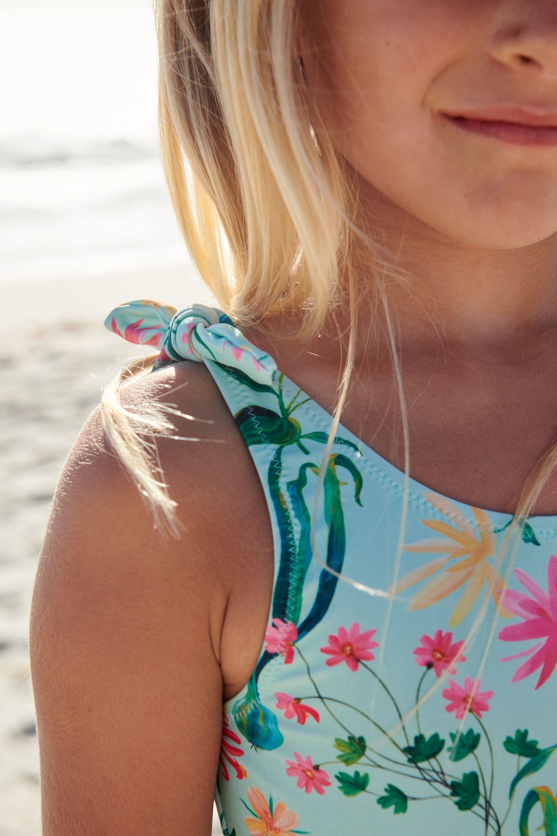 Mint Green Floral Tie Shoulder Swimsuit (3-16yrs)