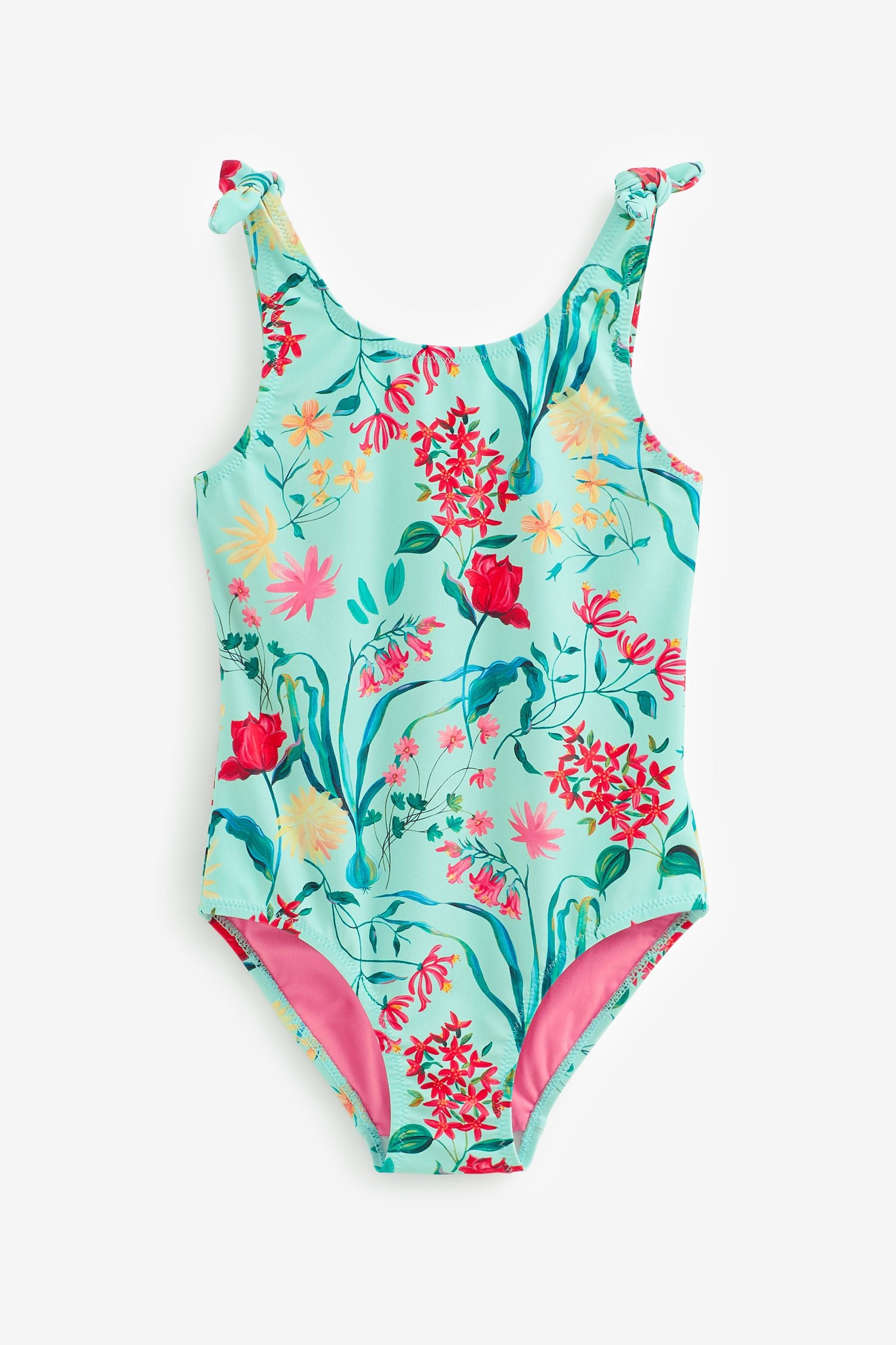 Mint Green Floral Tie Shoulder Swimsuit (3-16yrs)