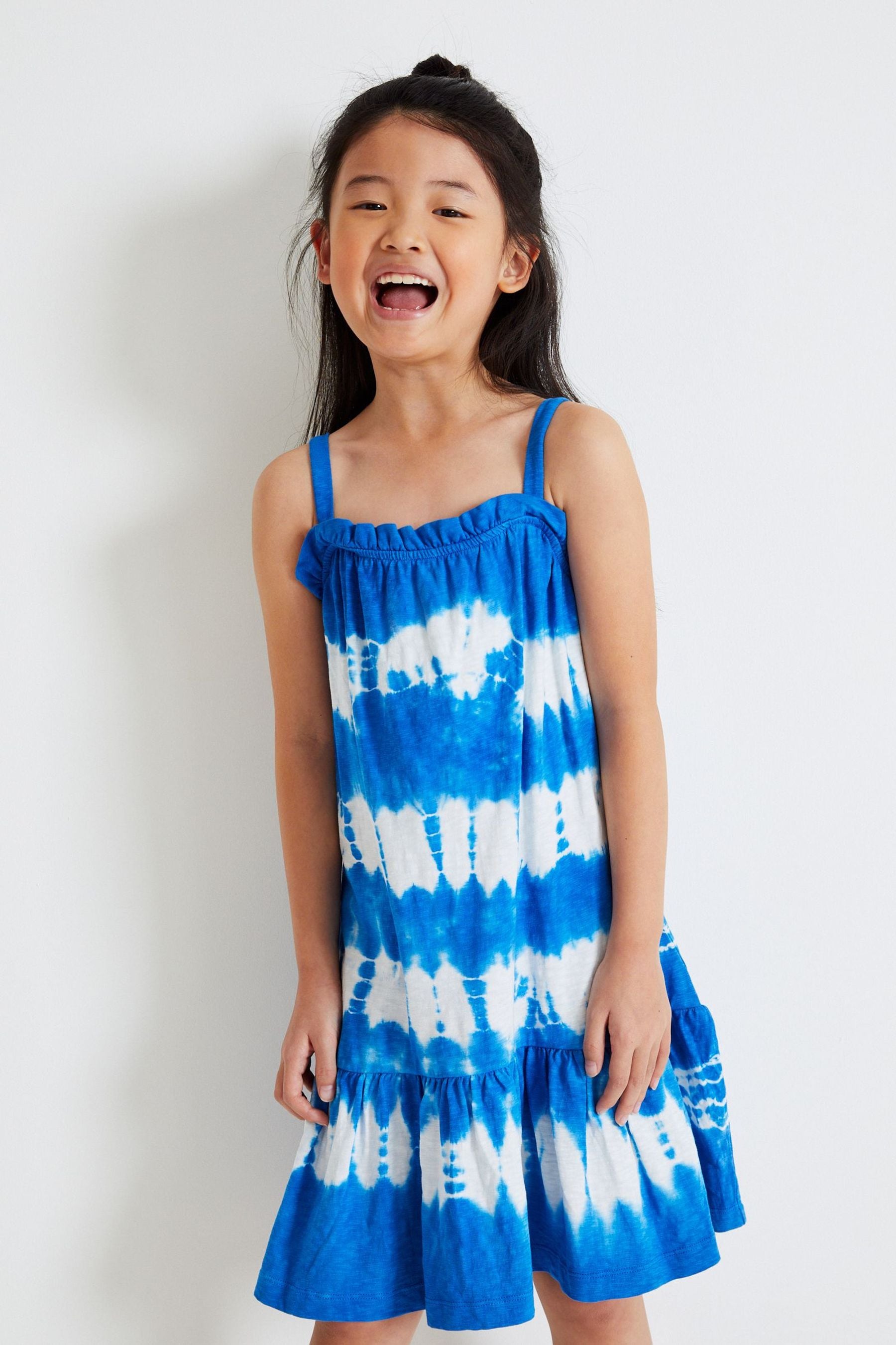 Blue/White Tie Dye Stripe Soft Jersey Strappy Shoulder Dress (3-16yrs)