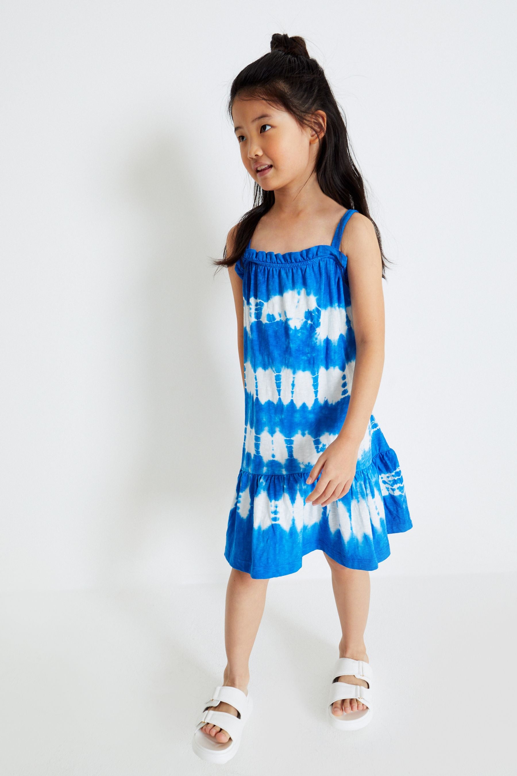 Blue/White Tie Dye Stripe Soft Jersey Strappy Shoulder Dress (3-16yrs)