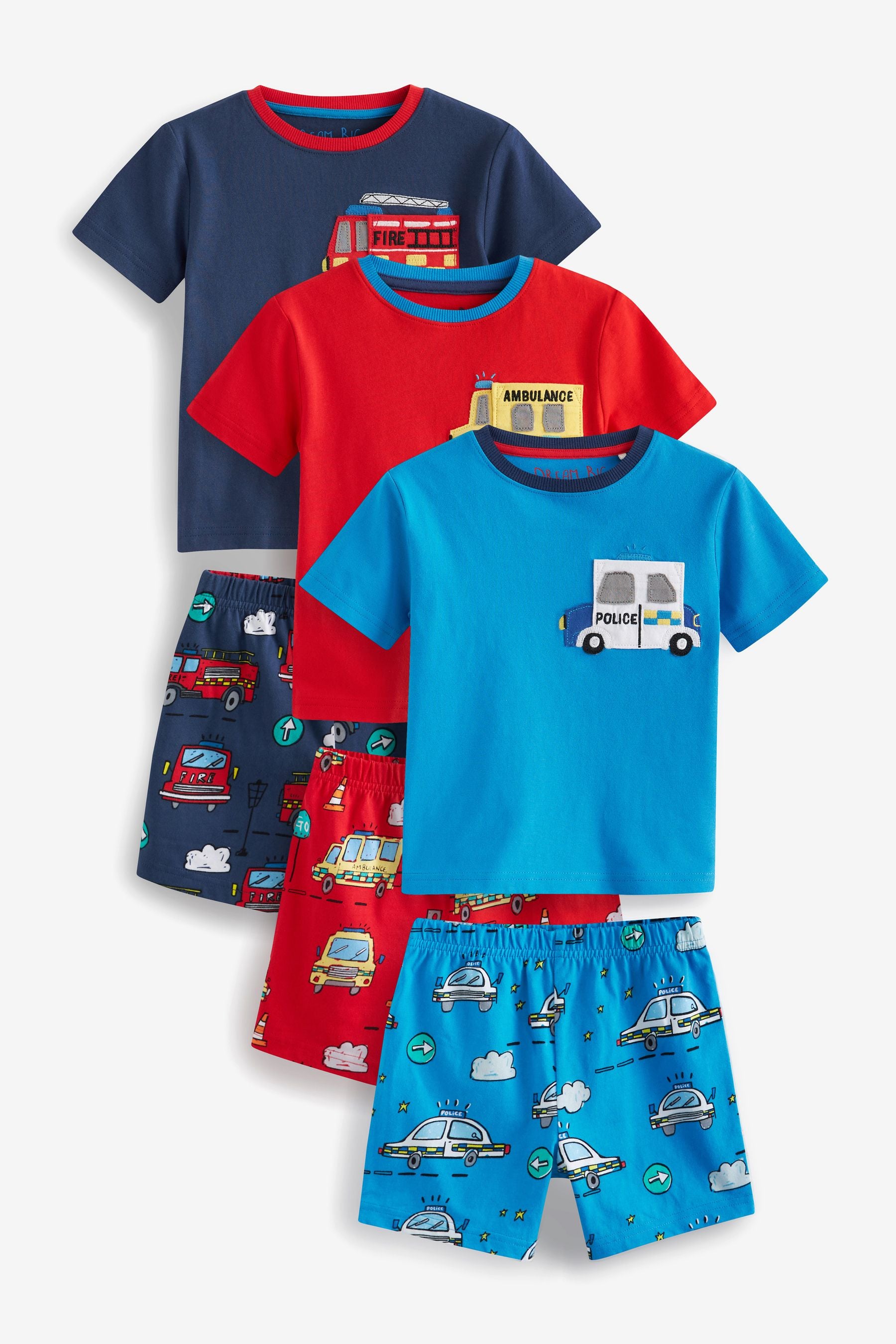 Blue/Red Emergency Cars Short Pyjama Set 3 Pack (9mths-8yrs)