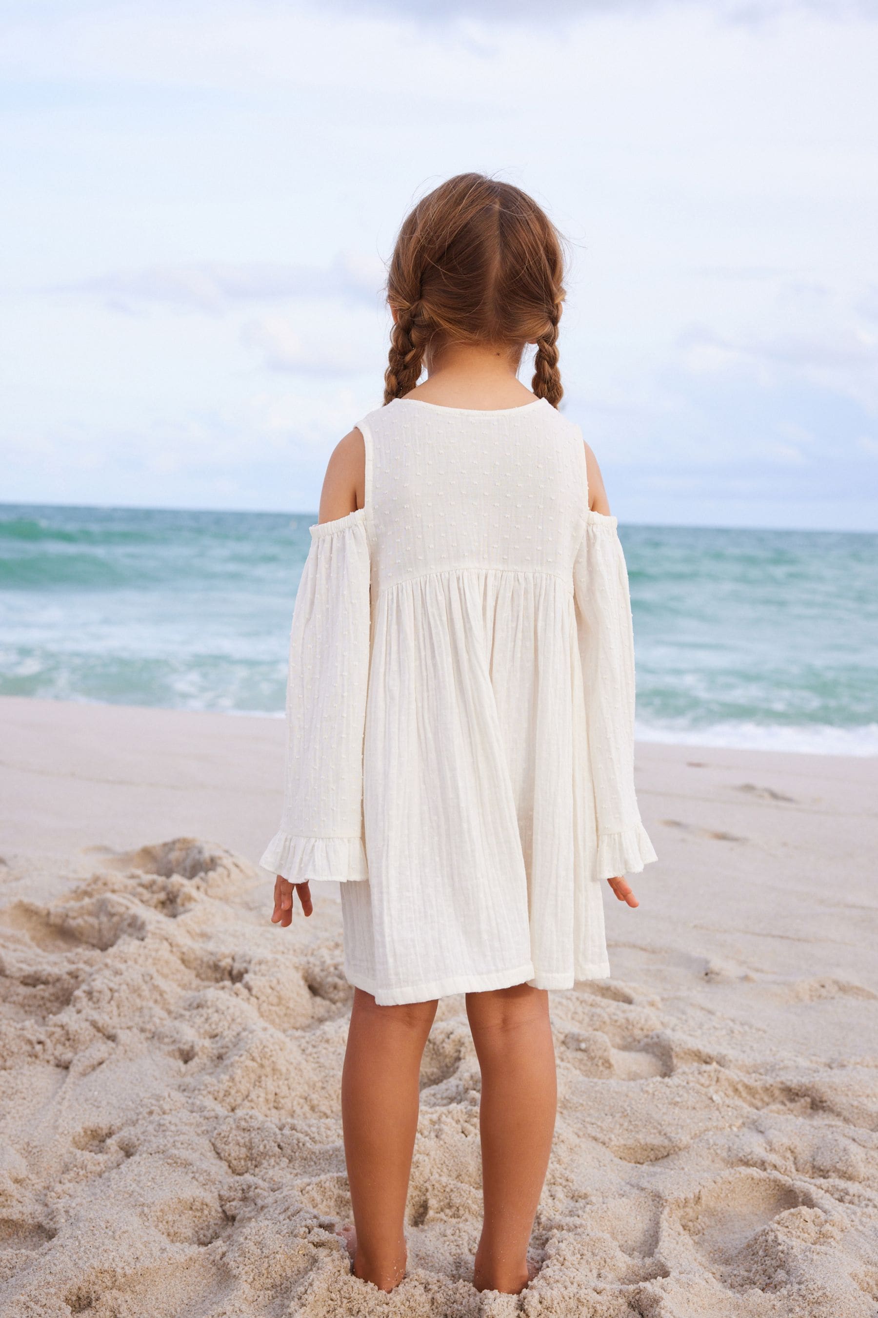 Cream Embroidered Cold-Shoulder Dress (3-16yrs)