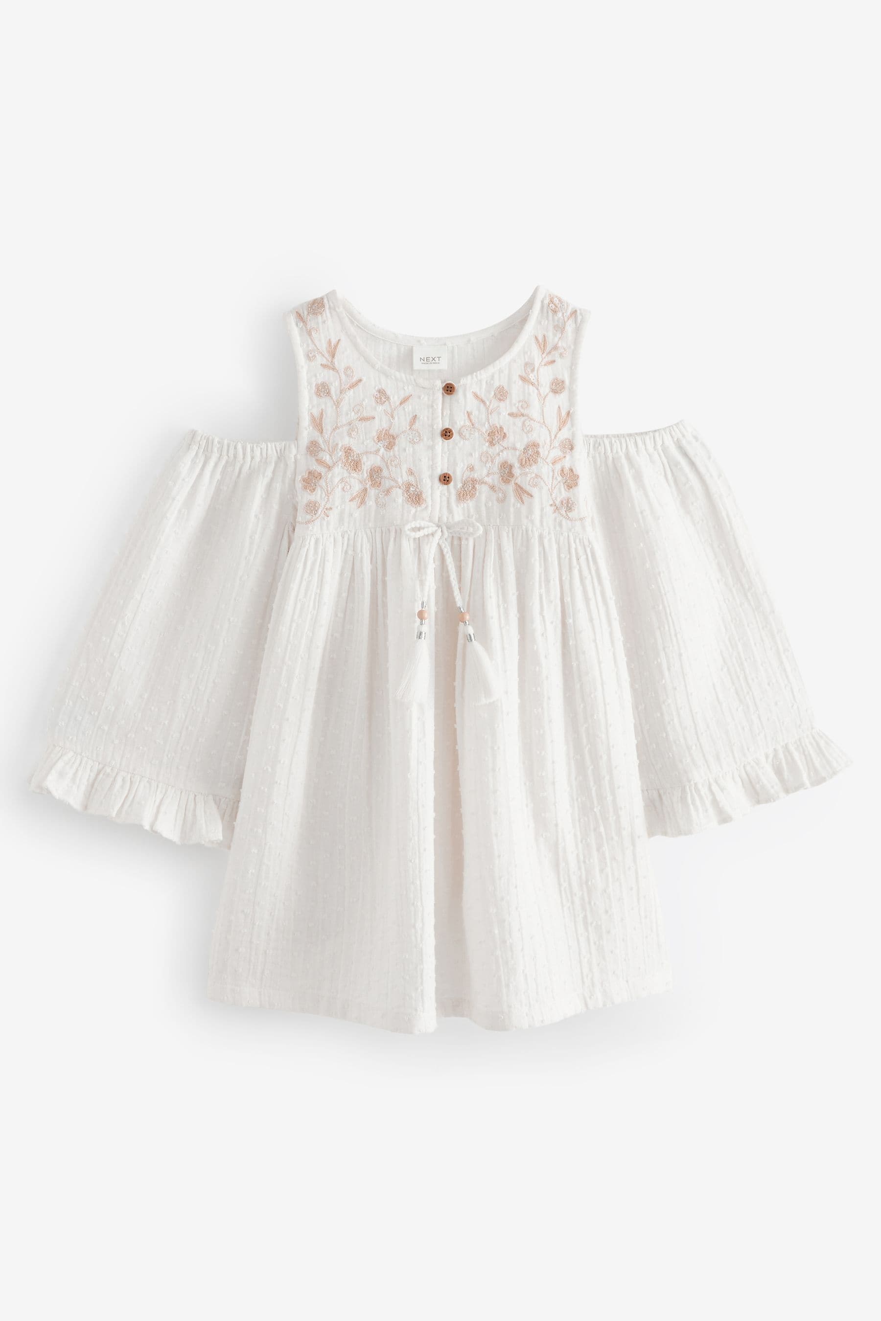 Cream Embroidered Cold-Shoulder Dress (3-16yrs)