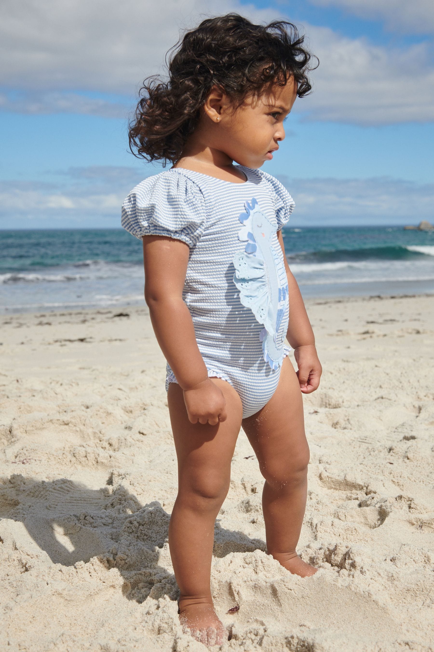 Blue/White Sea Horse Puff Sleeve Swimsuit (3mths-7yrs)