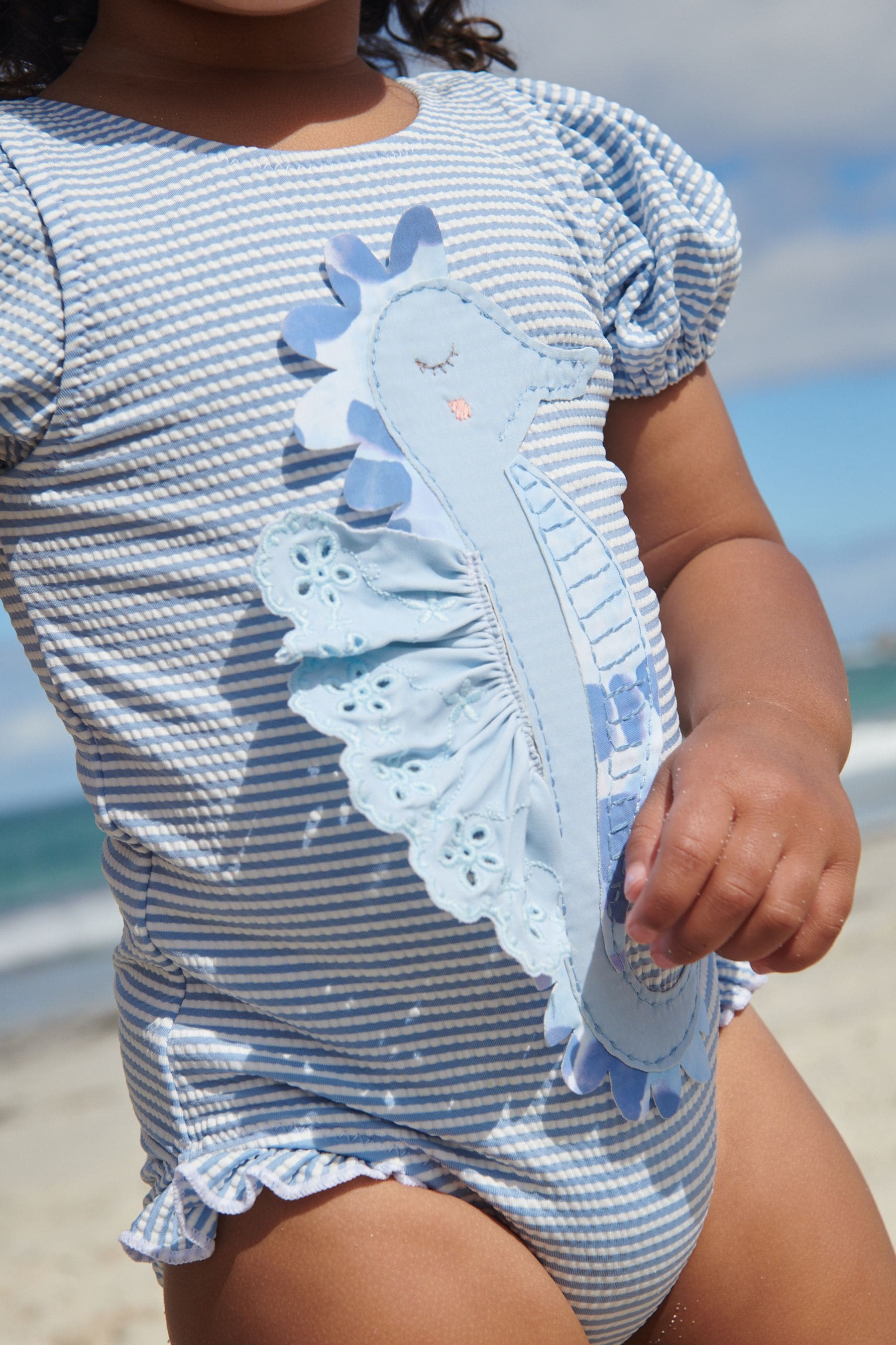 Blue/White Sea Horse Puff Sleeve Swimsuit (3mths-7yrs)