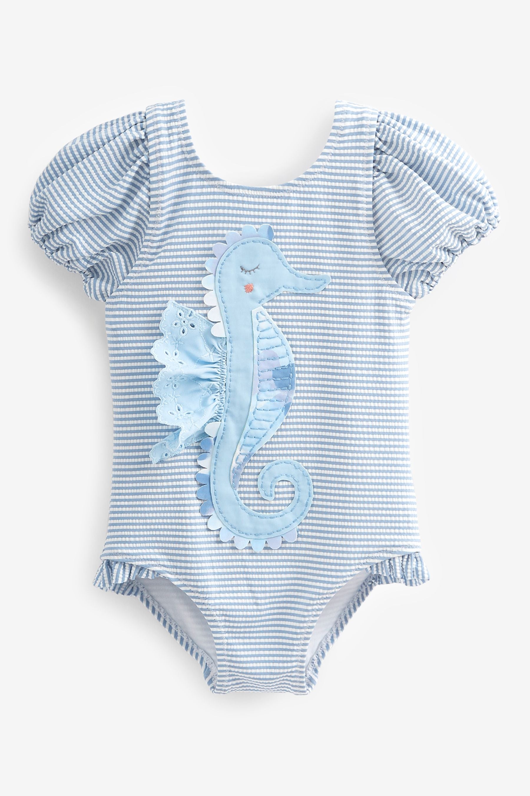 Blue/White Sea Horse Puff Sleeve Swimsuit (3mths-7yrs)