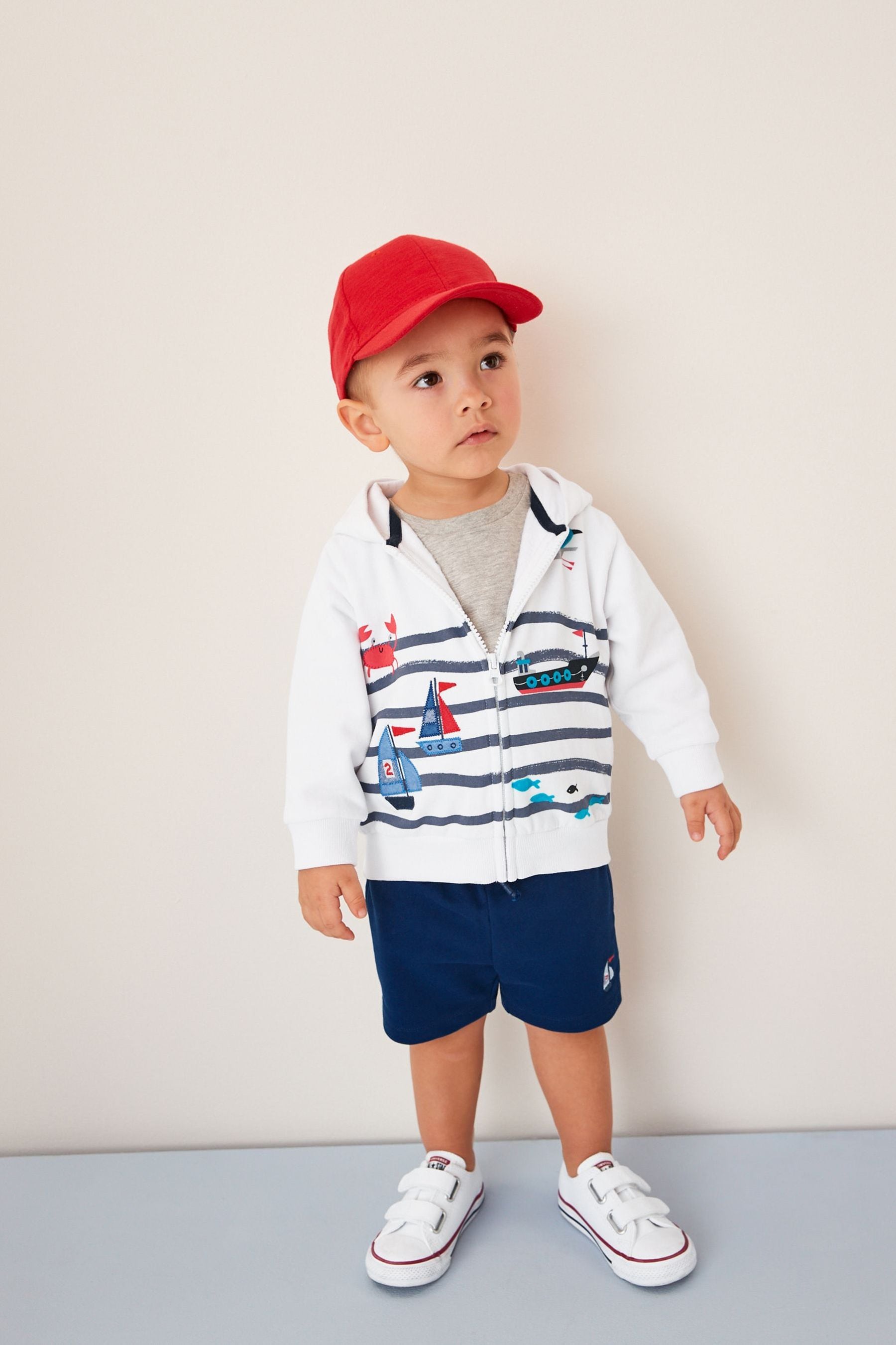 White/Blue Classic Boat Classic Boat Appliqu Crew Sweatshirt And Shorts Set (3mths-7yr