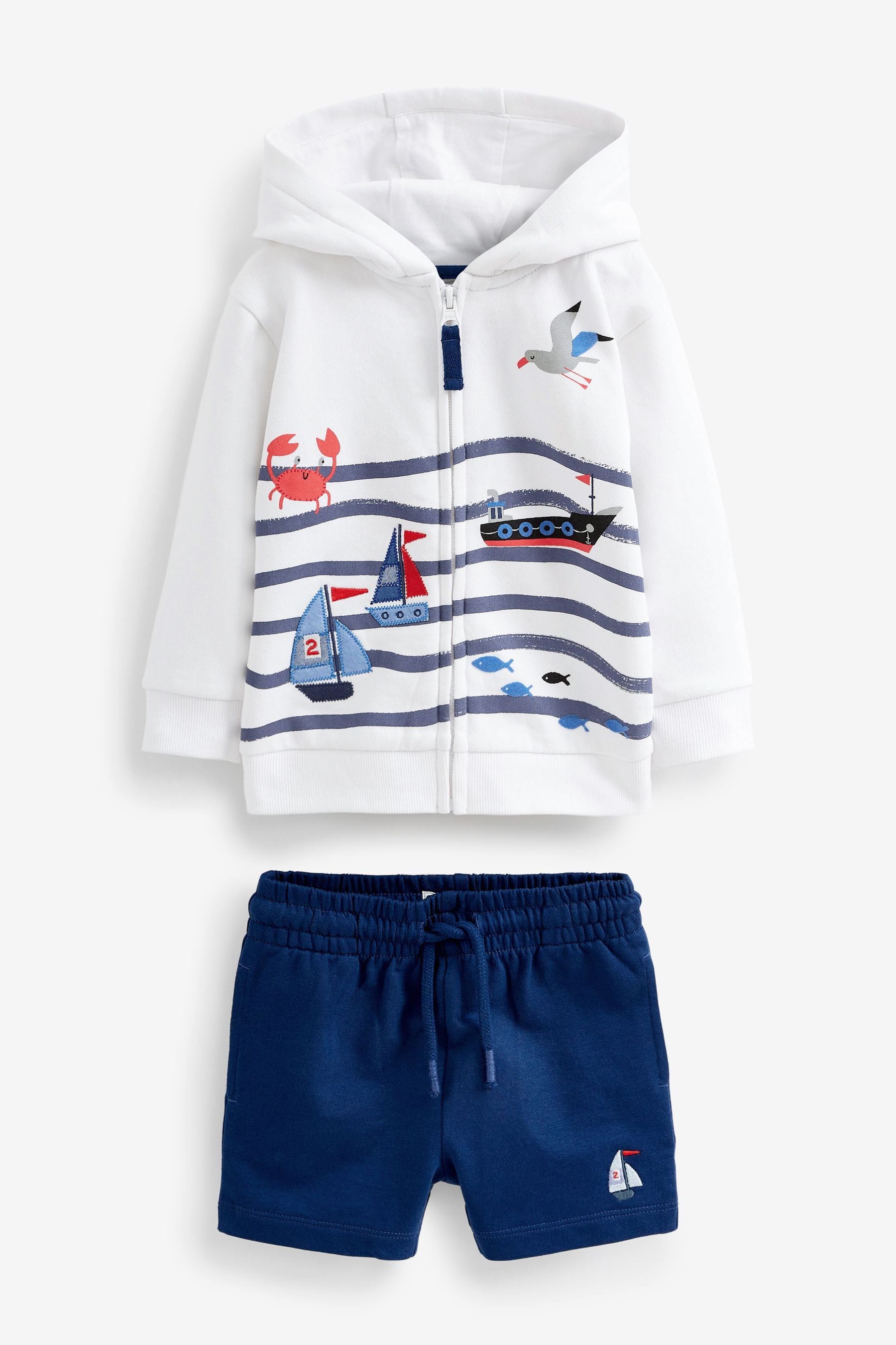 White/Blue Classic Boat Classic Boat Appliqu Crew Sweatshirt And Shorts Set (3mths-7yr