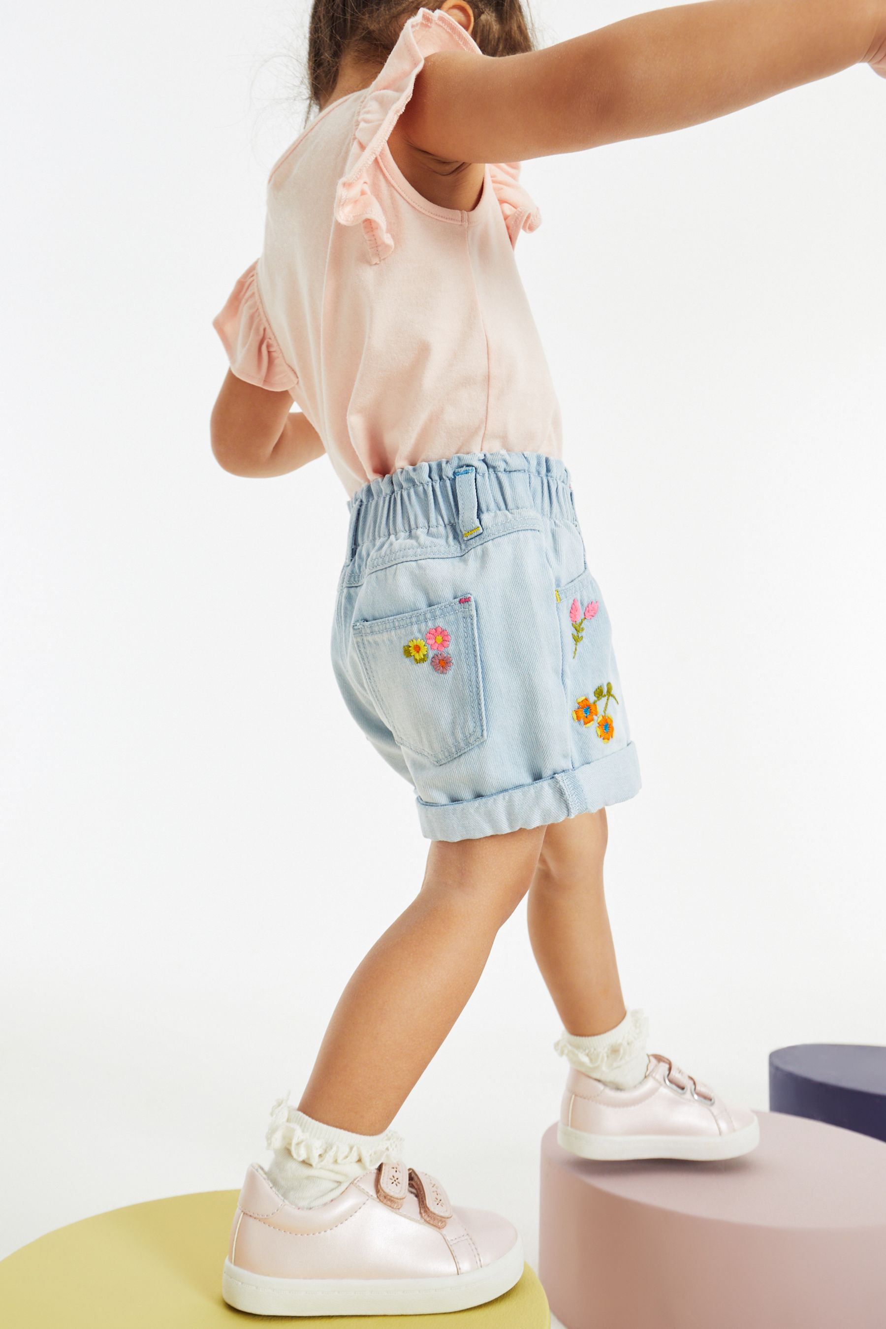 Blue Denim Embroidered Flower Shorts (3mths-7yrs)