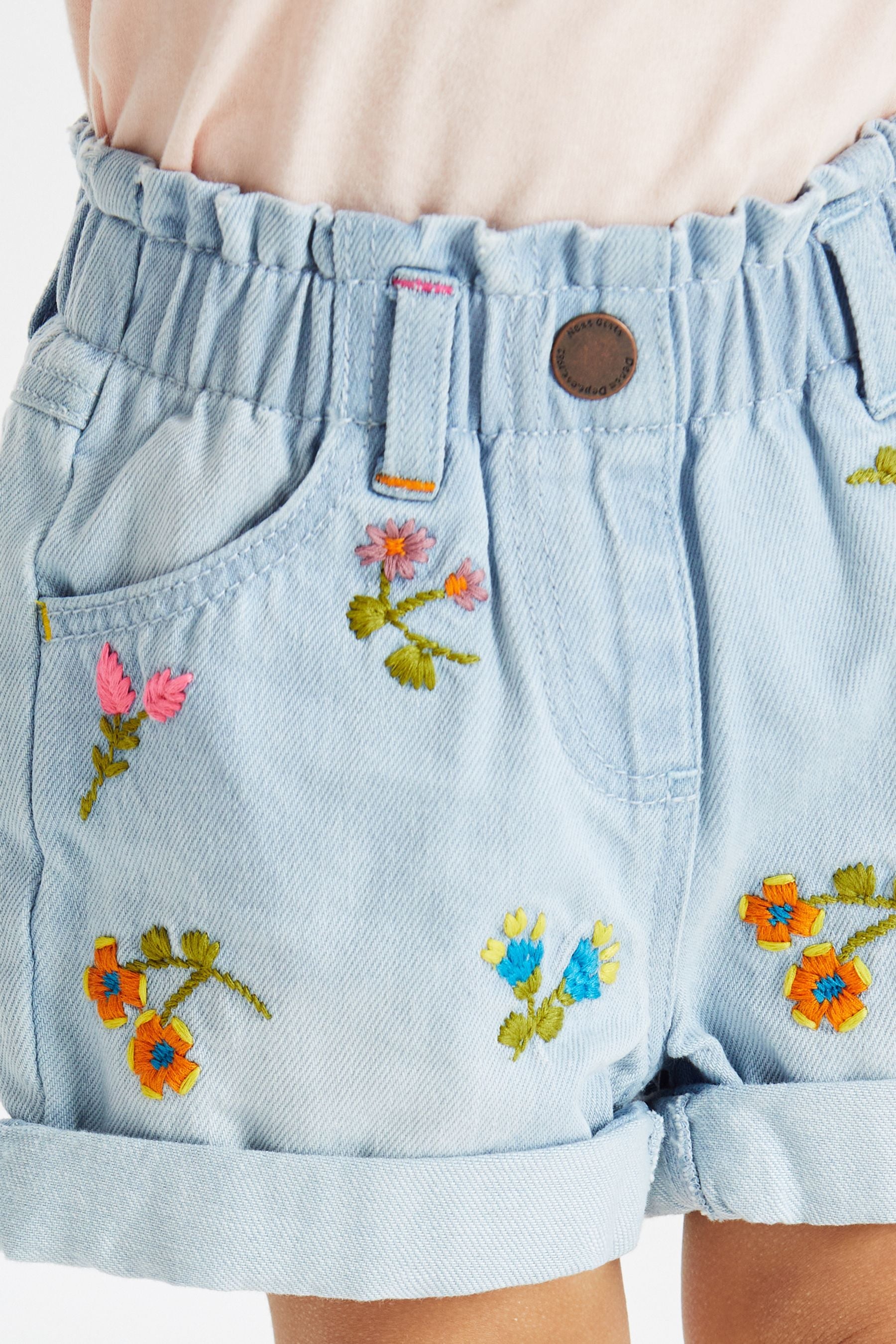 Blue Denim Embroidered Flower Shorts (3mths-7yrs)