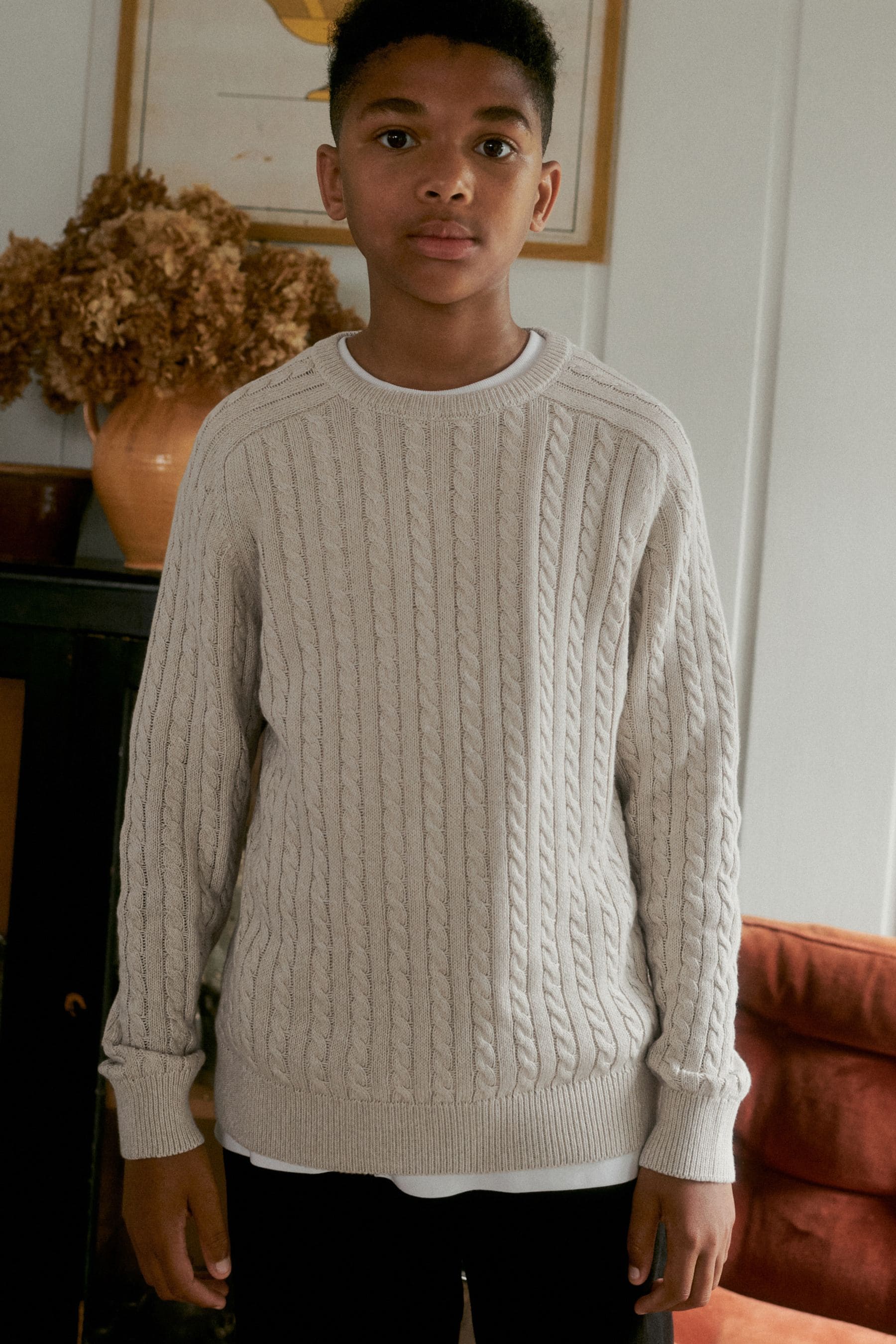 Neutral Beige Cable Knit Crew Jumper (3-16yrs)