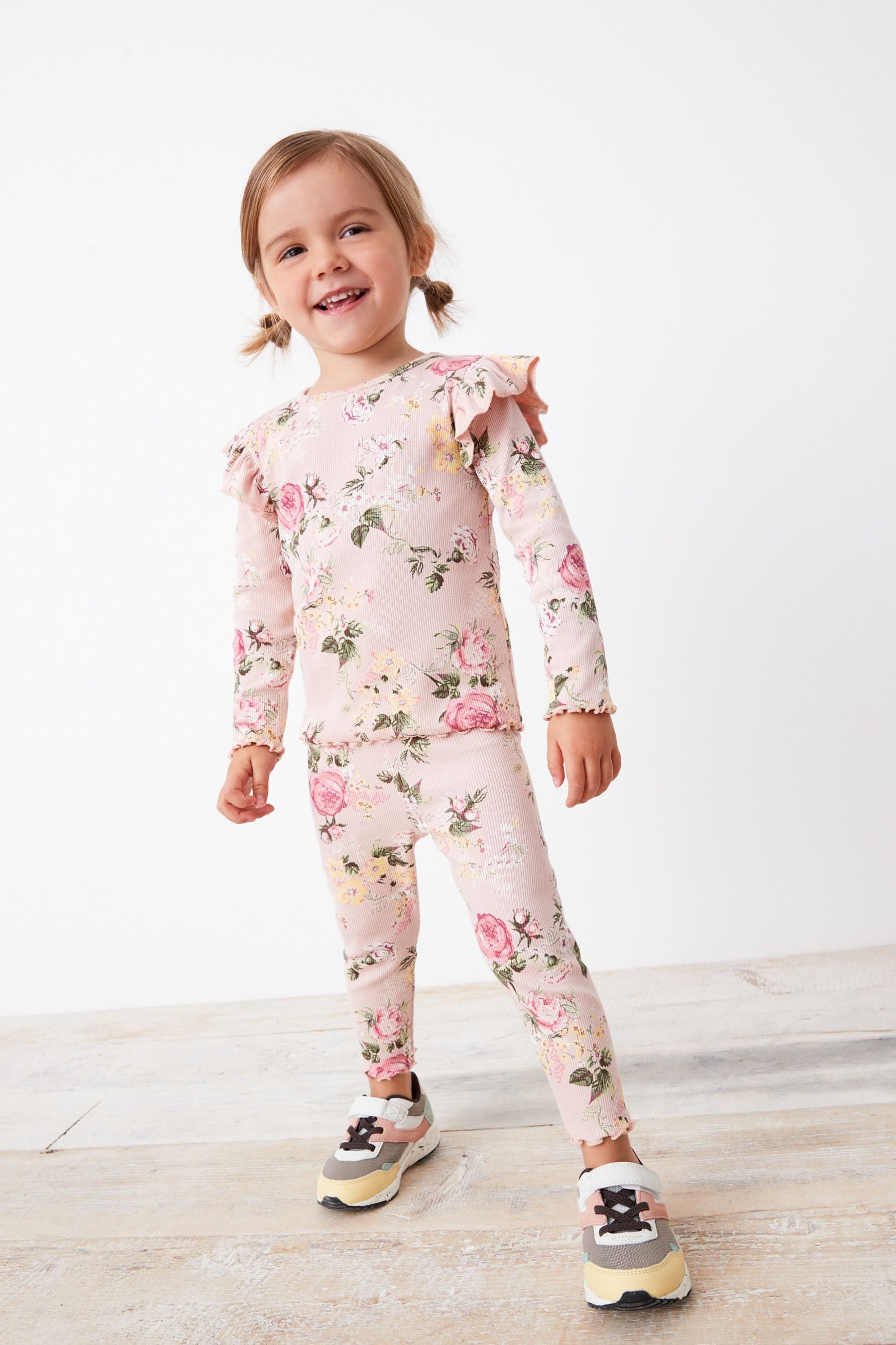 Pale Pink Floral Rib Jersey Leggings (3mths-7yrs)