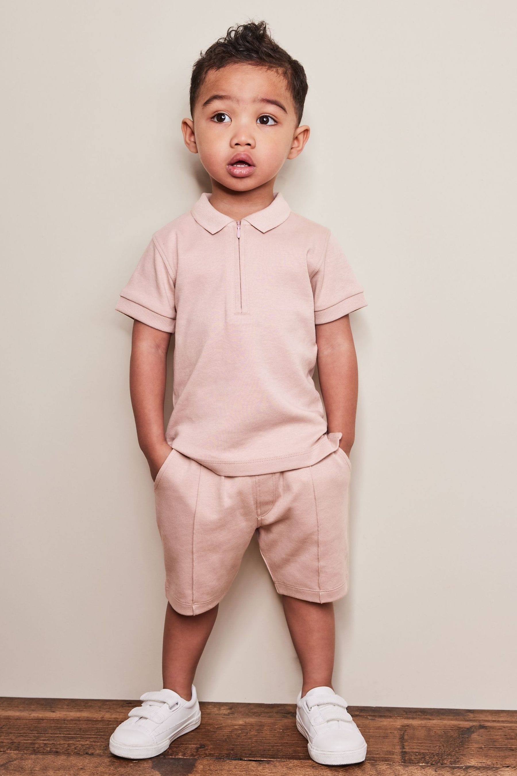 Pink Short Sleeve Jersey Zip Neck Polo Shirt And Shorts Set (3mths-7yrs)