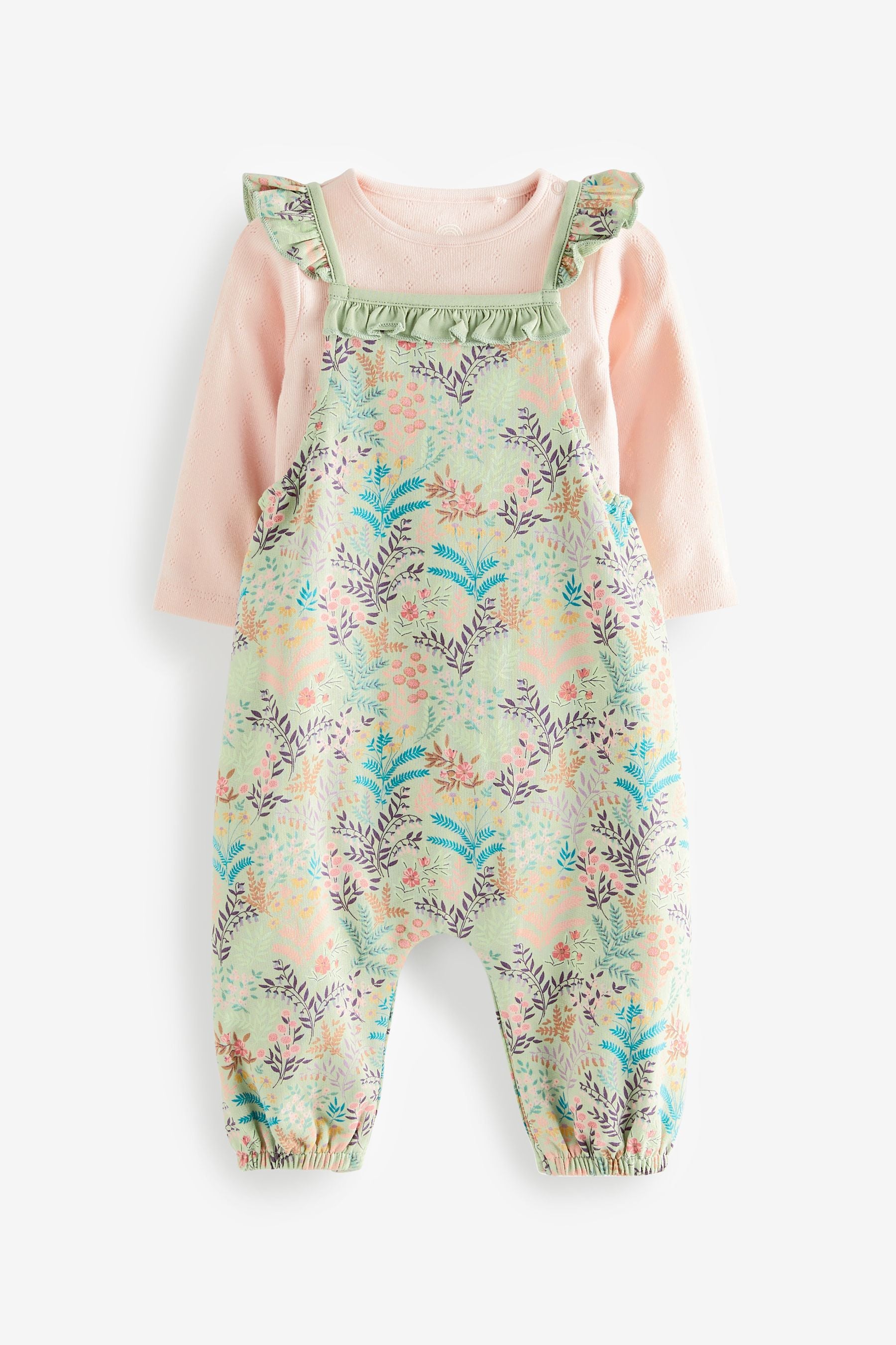 Green Floral Jersey Baby 2 Piece Dungarees And Bodysuit Set (0mths-3yrs)