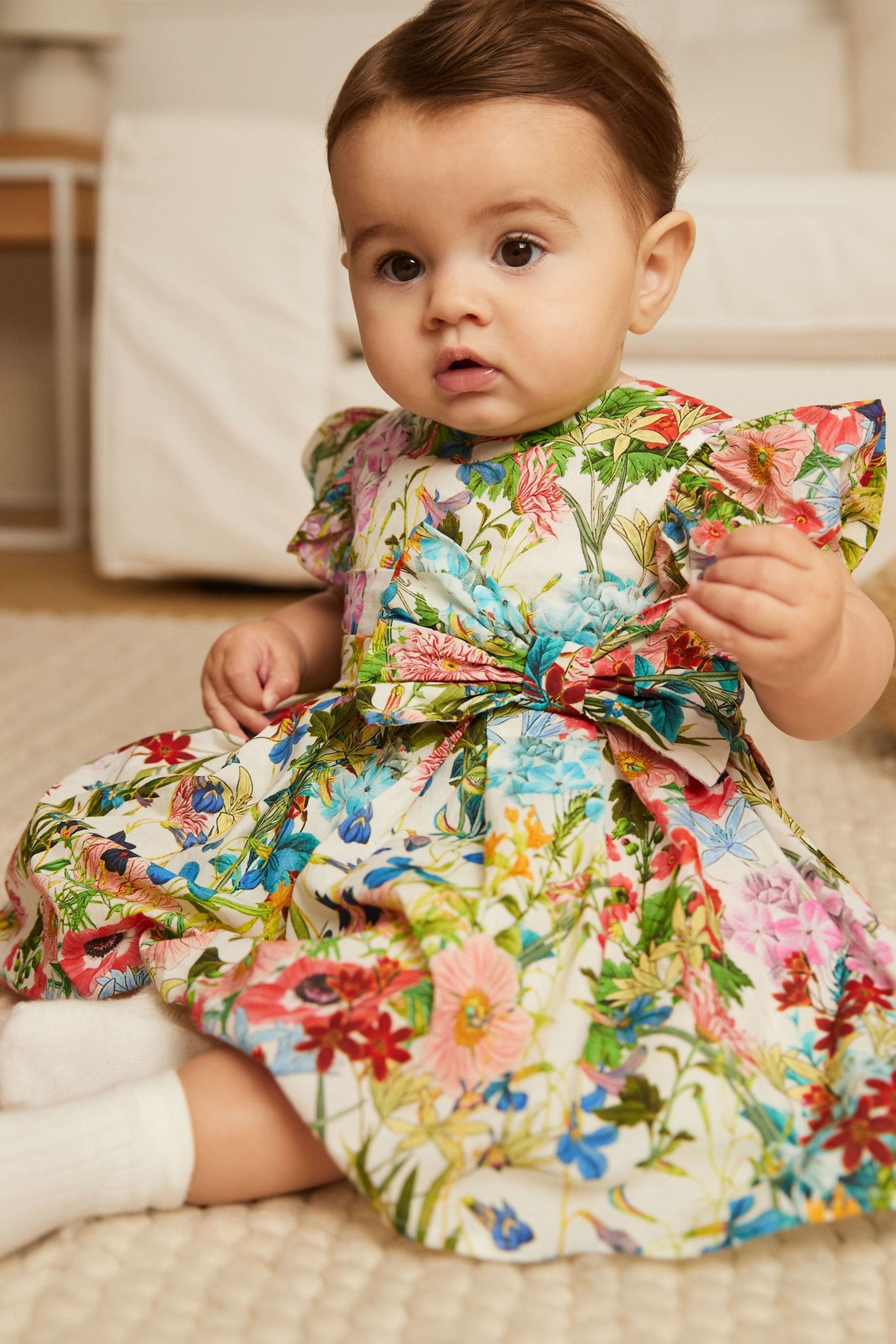 Multi Bright Floral Woven Bow Occasion Baby Dress (0mths-2yrs)