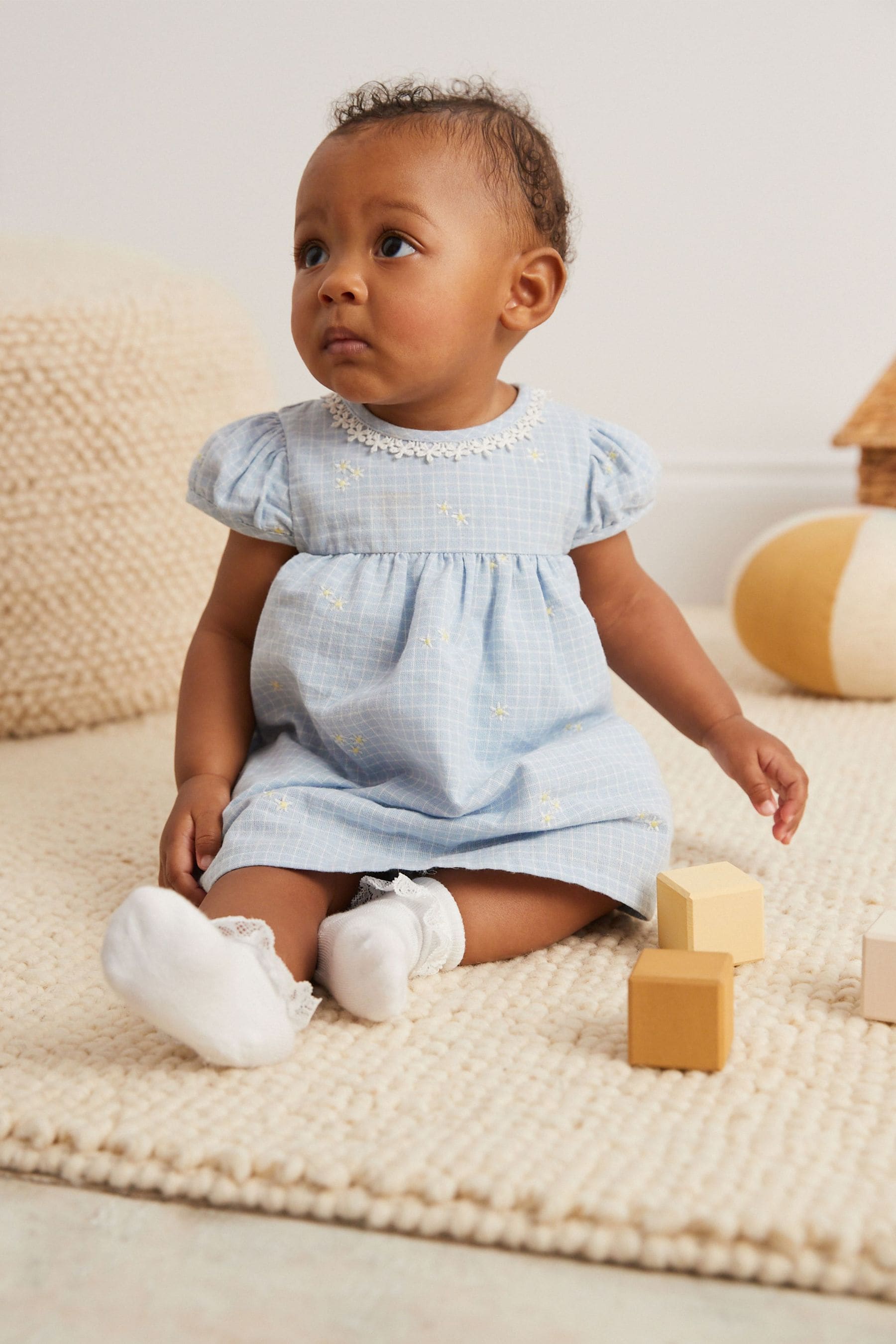 Blue Floral Embroidery Woven Baby Dress (0mths-2yrs)