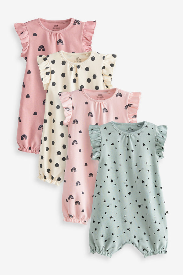 Mint Green/Pink 4 Pack Printed Baby Rompers