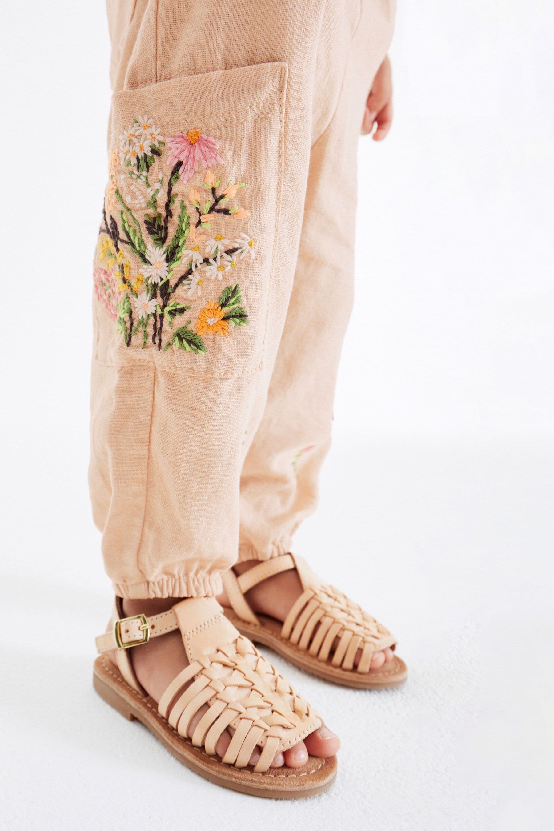 Beige Linen Blend Embroidered Cargo Trousers (3mths-7yrs)