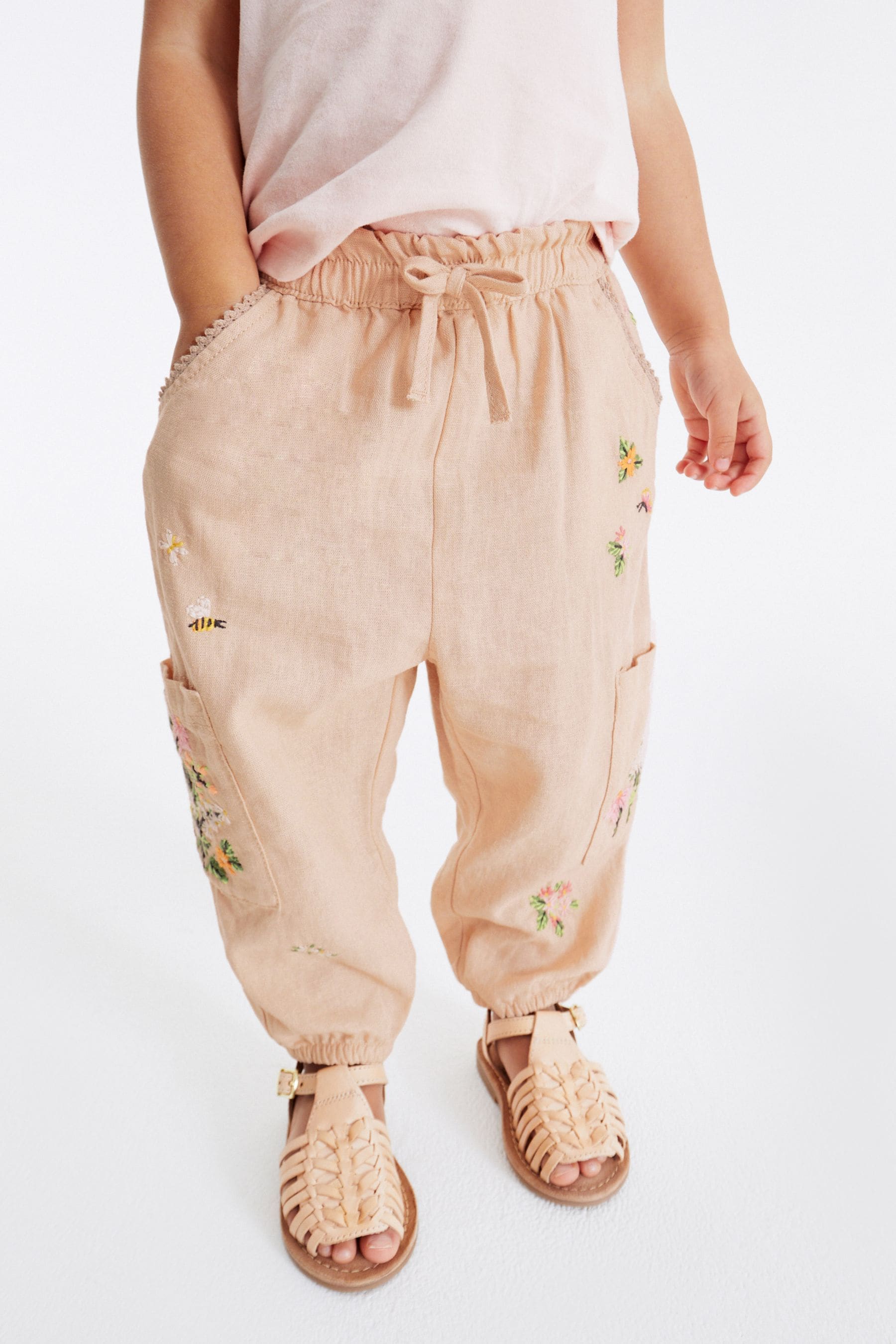 Beige Linen Blend Embroidered Cargo Trousers (3mths-7yrs)