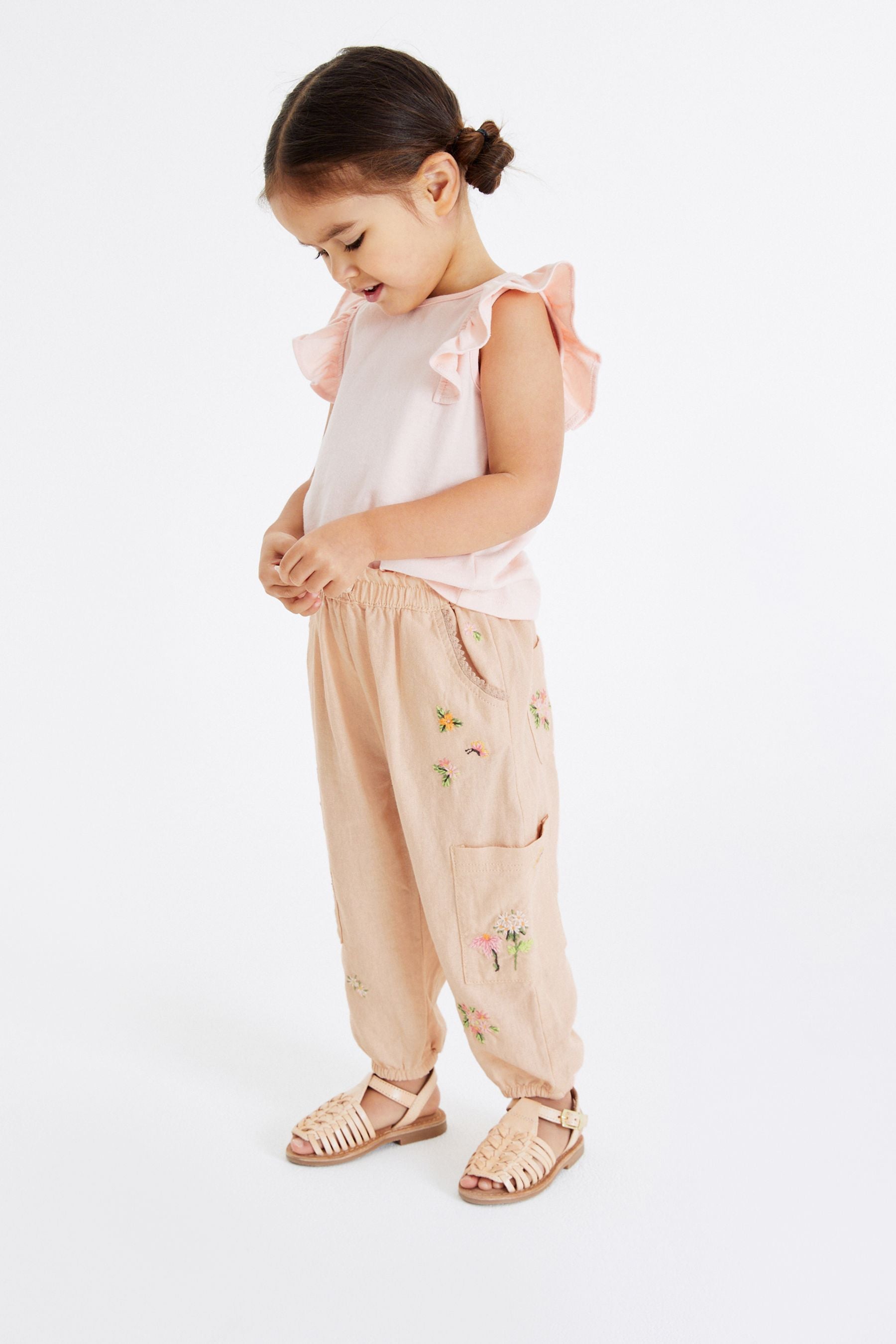 Beige Linen Blend Embroidered Cargo Trousers (3mths-7yrs)