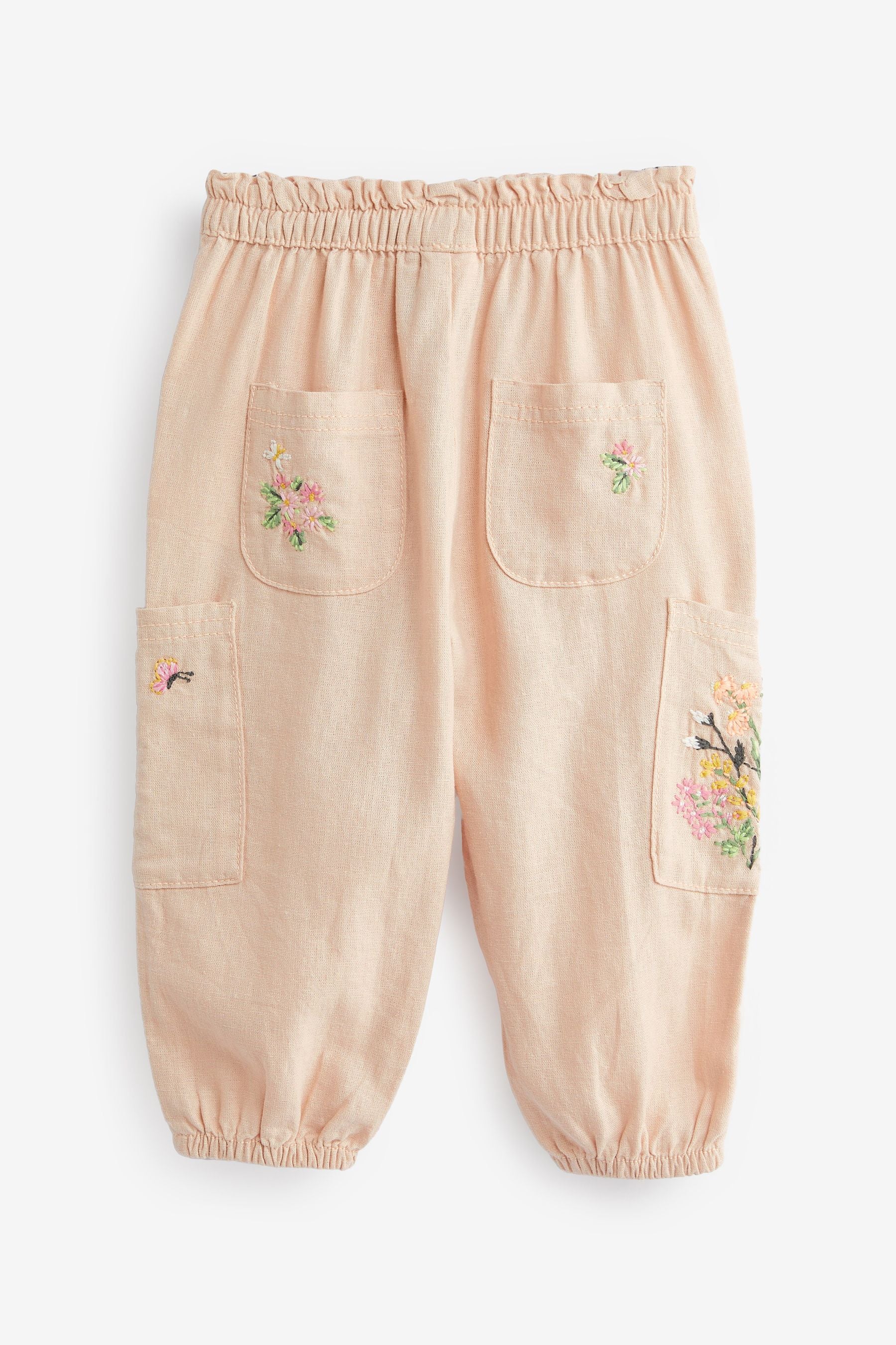 Beige Linen Blend Embroidered Cargo Trousers (3mths-7yrs)