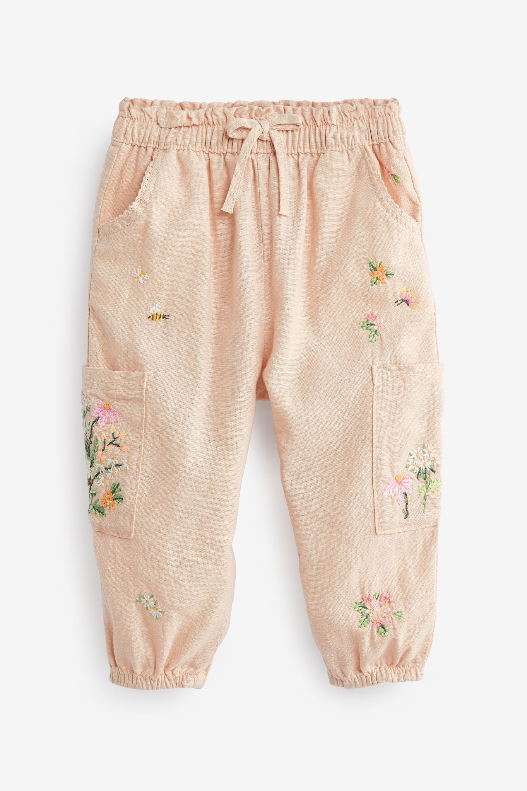 Beige Linen Blend Embroidered Cargo Trousers (3mths-7yrs)