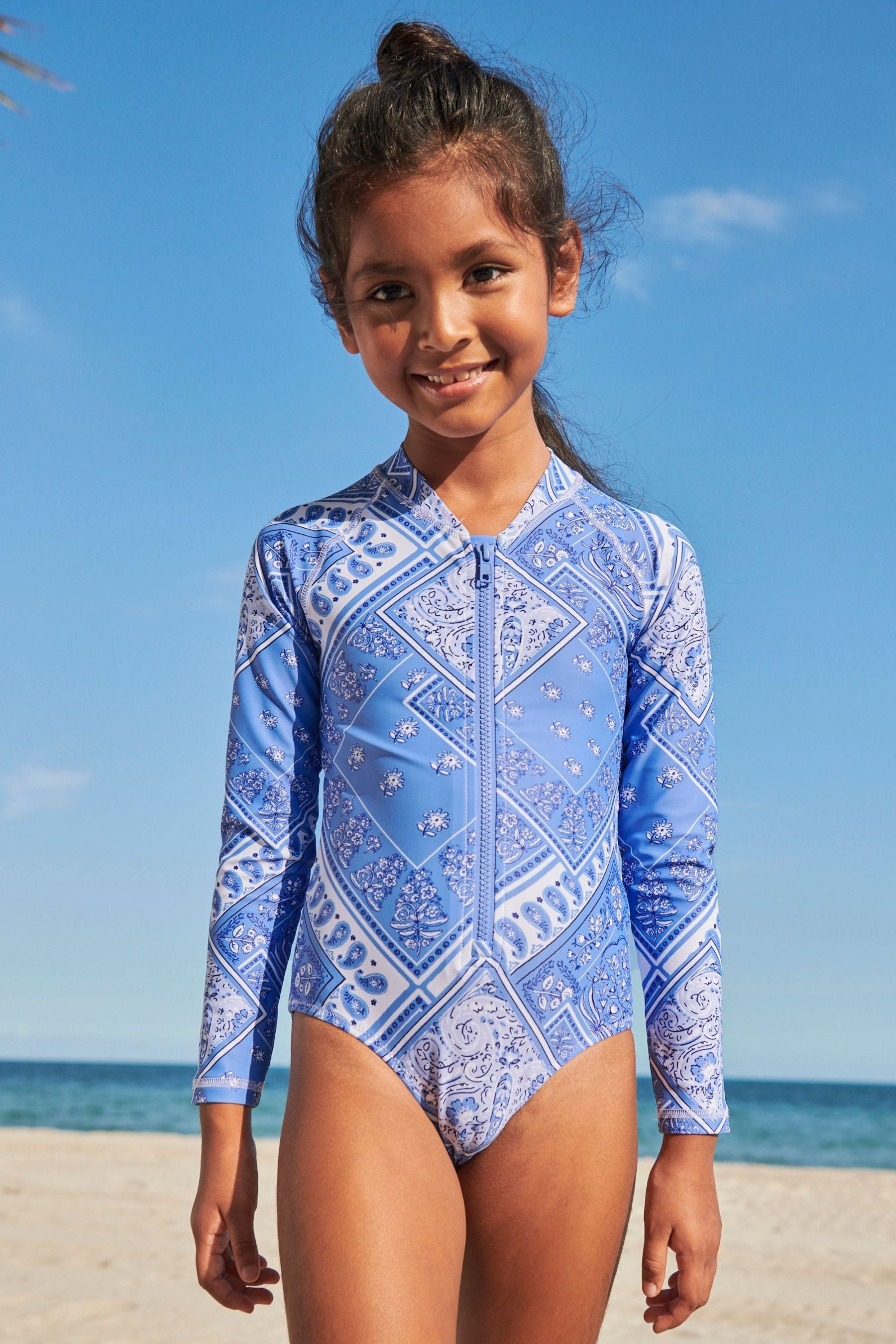 Blue/White Long Sleeved Swimsuit (3-16yrs)