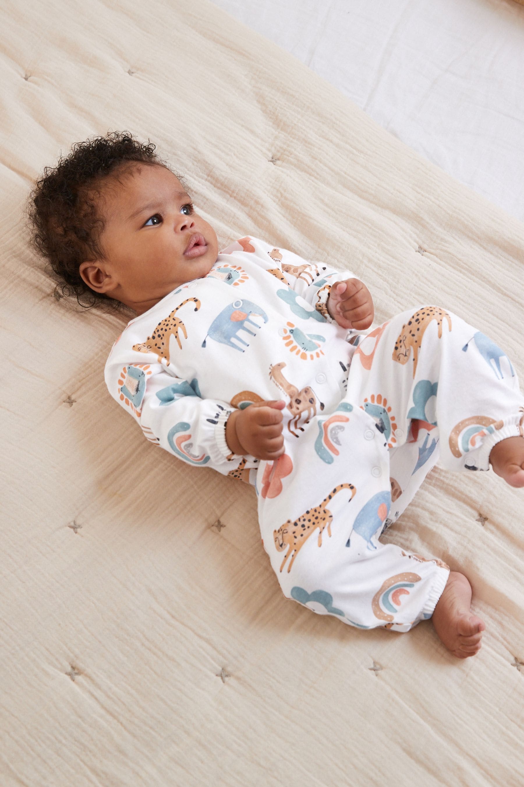 White Ground White Baby Safari Printed Footles Sleepsuit (0mths-3yrs)