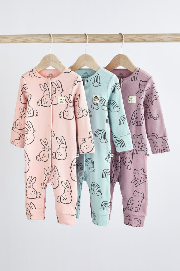 Multi Pastel Baby Footless Sleepsuits 3 Pack (0mths-3yrs)