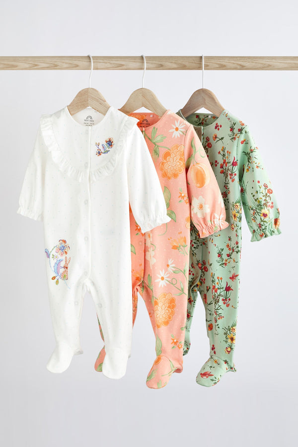 Peach Pink Baby Embroidered Detail Sleepsuits 3 Pack (0-2yrs)