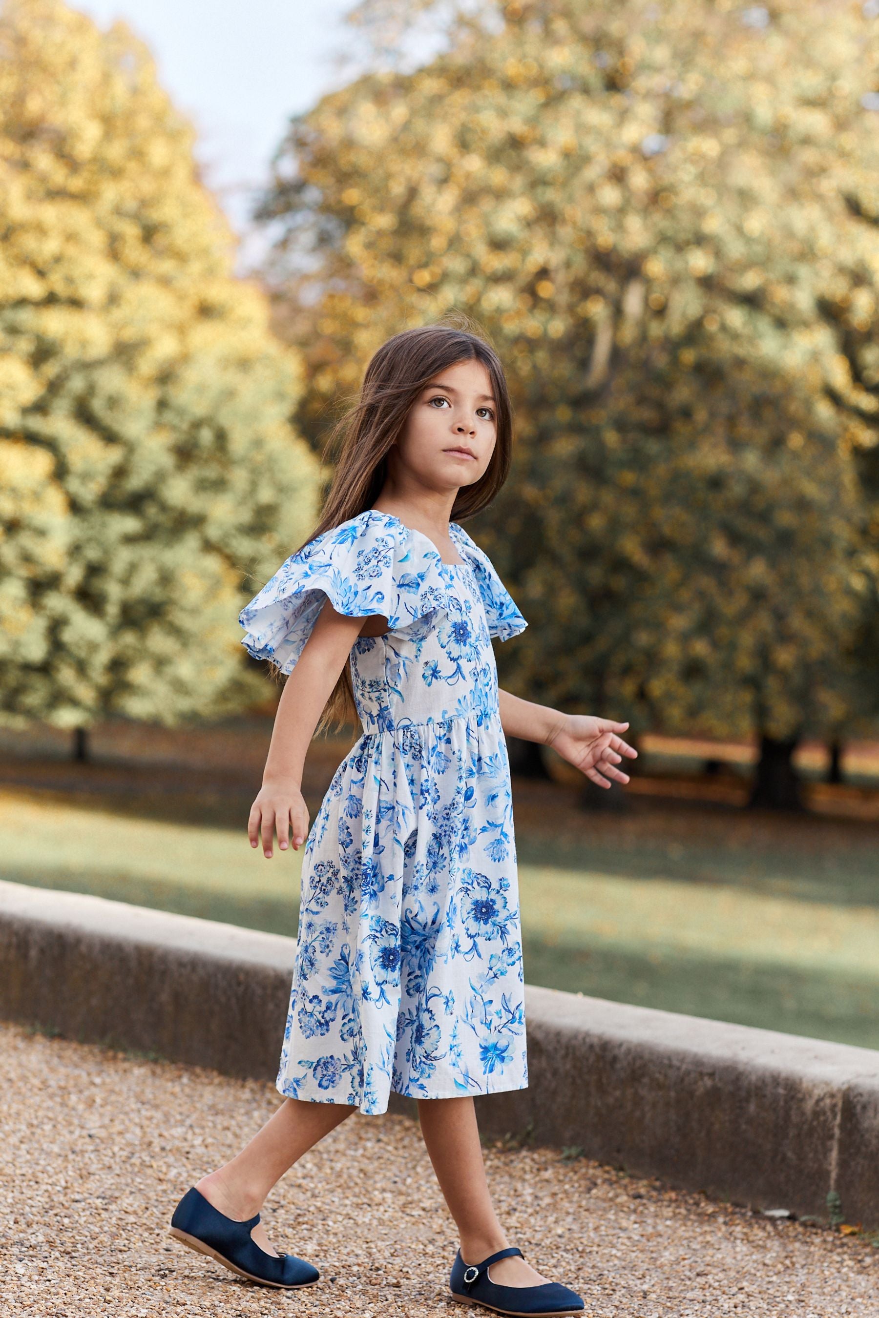 Blue Floral Angel Sleeve Dress (3-16yrs)