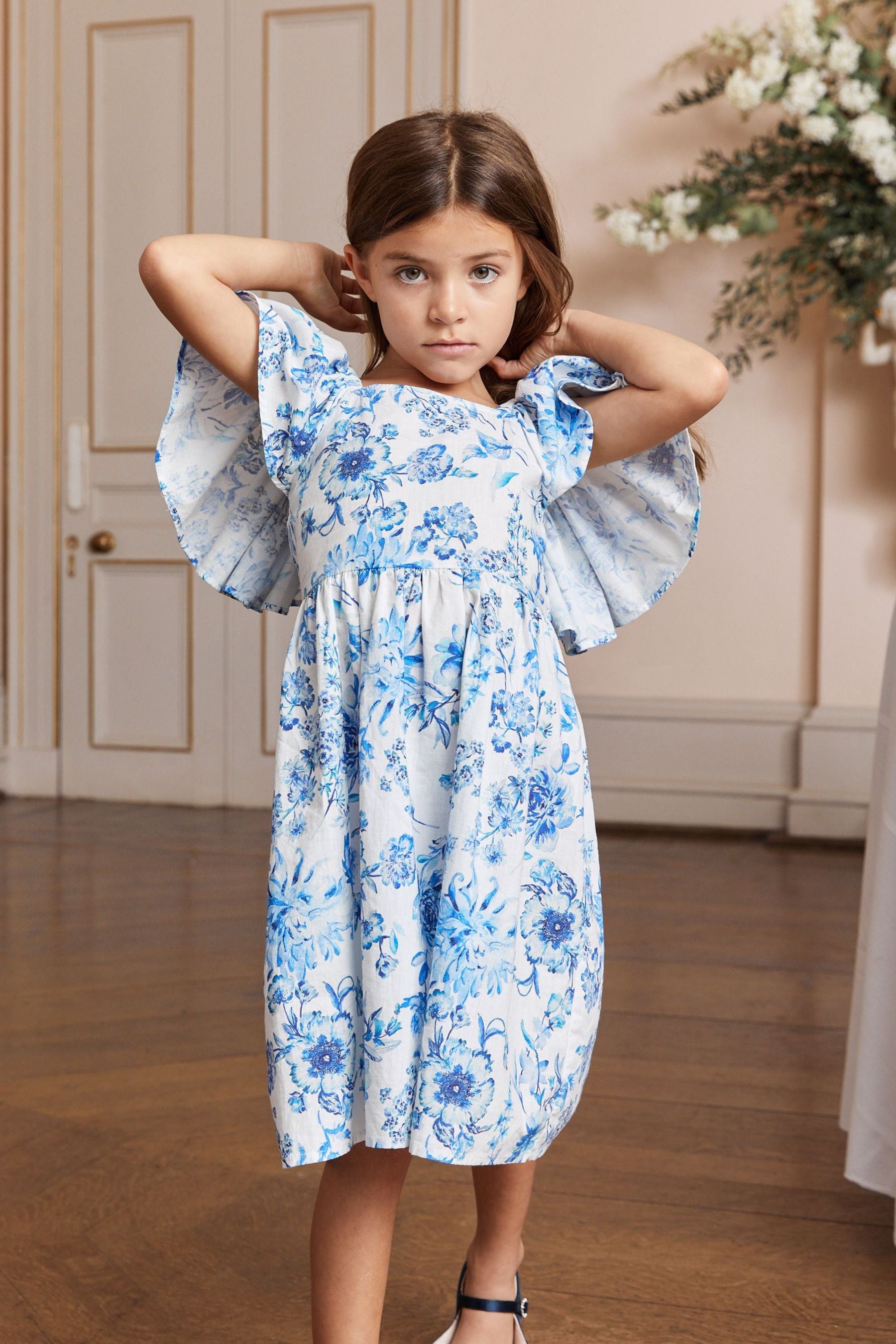 Blue Floral Angel Sleeve Dress (3-16yrs)