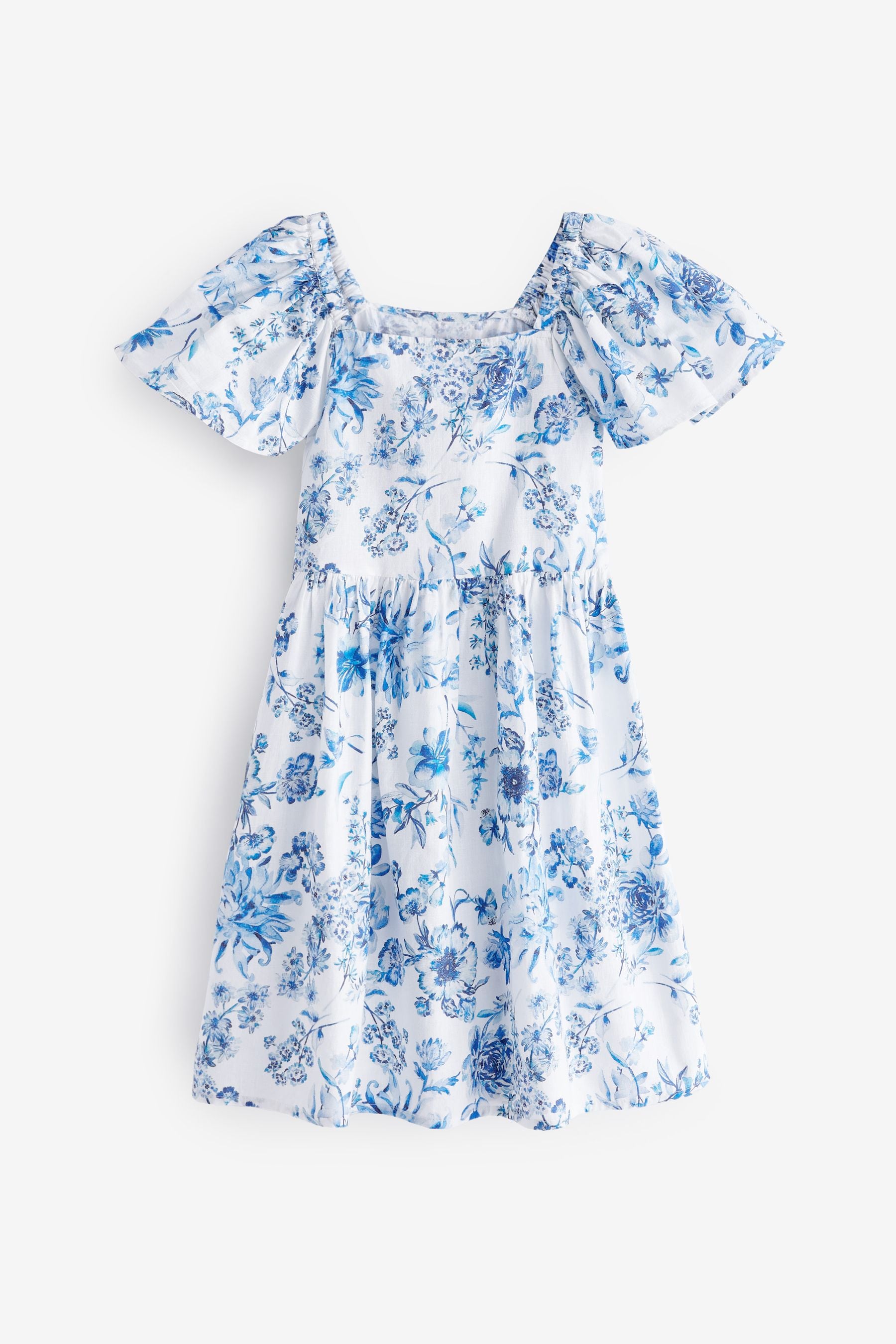 Blue Floral Angel Sleeve Dress (3-16yrs)