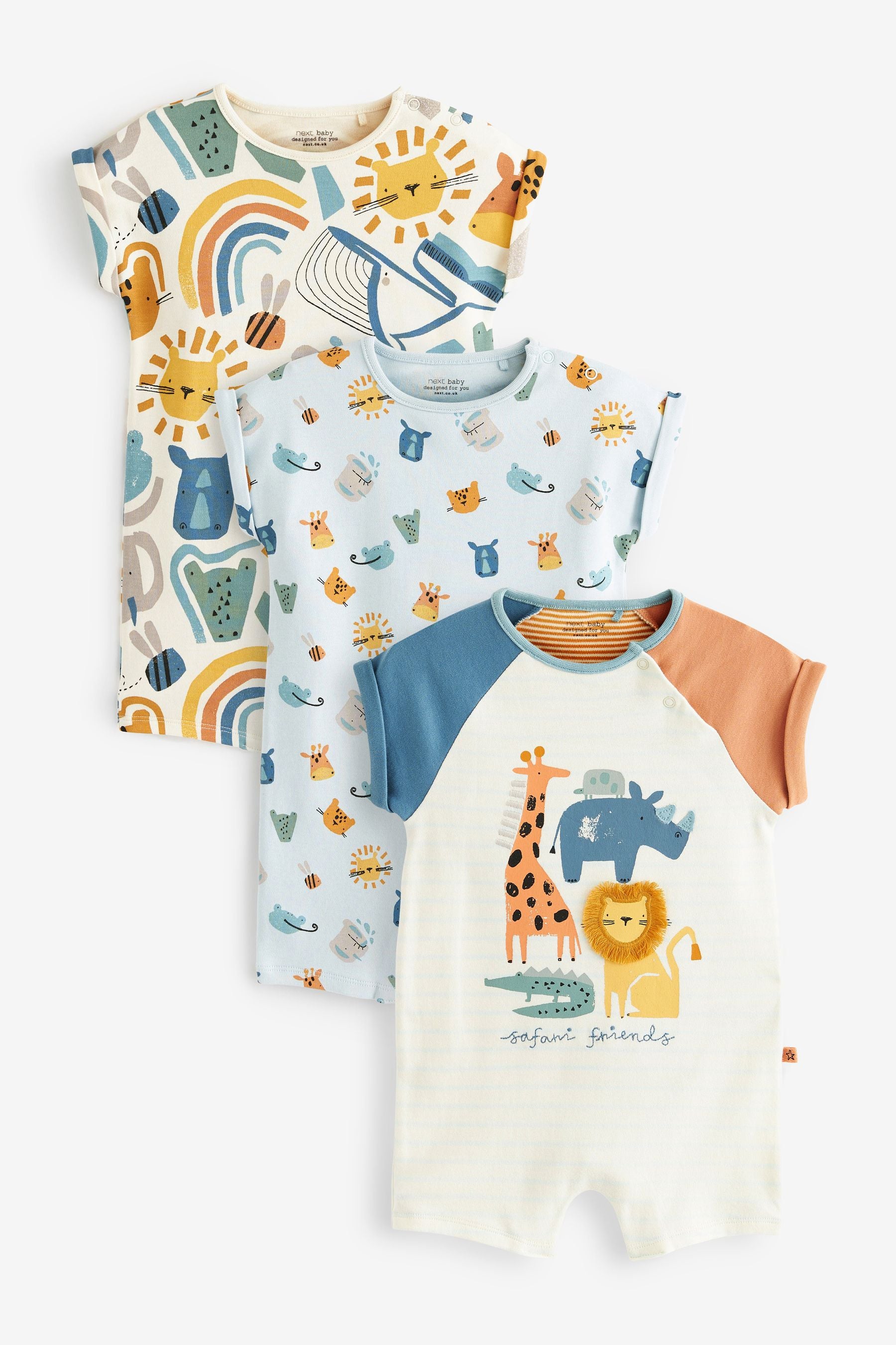 Rust Brown/Blue Safari Baby Rompers 3 Pack