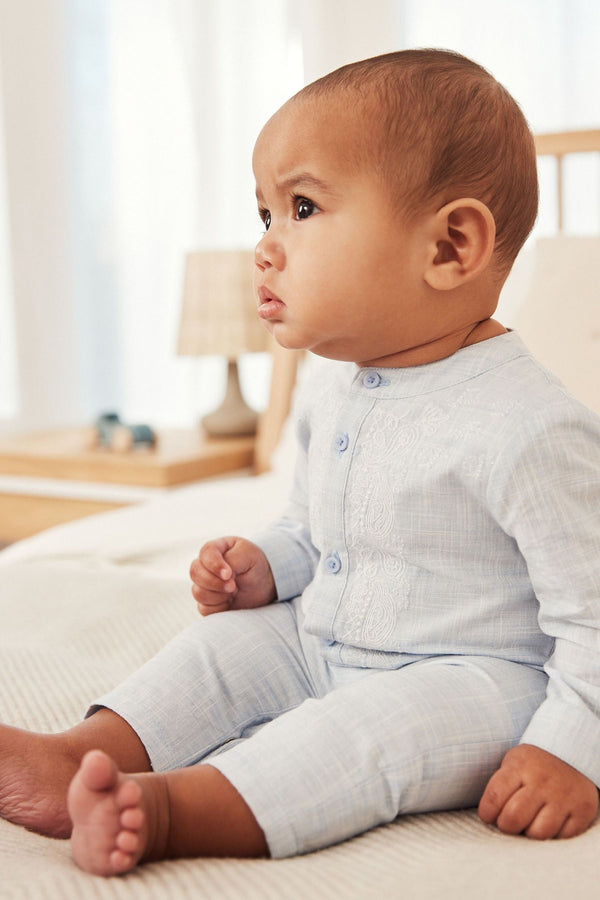 Blue Embroidered Occasion Baby Romper (0mths-2yrs)