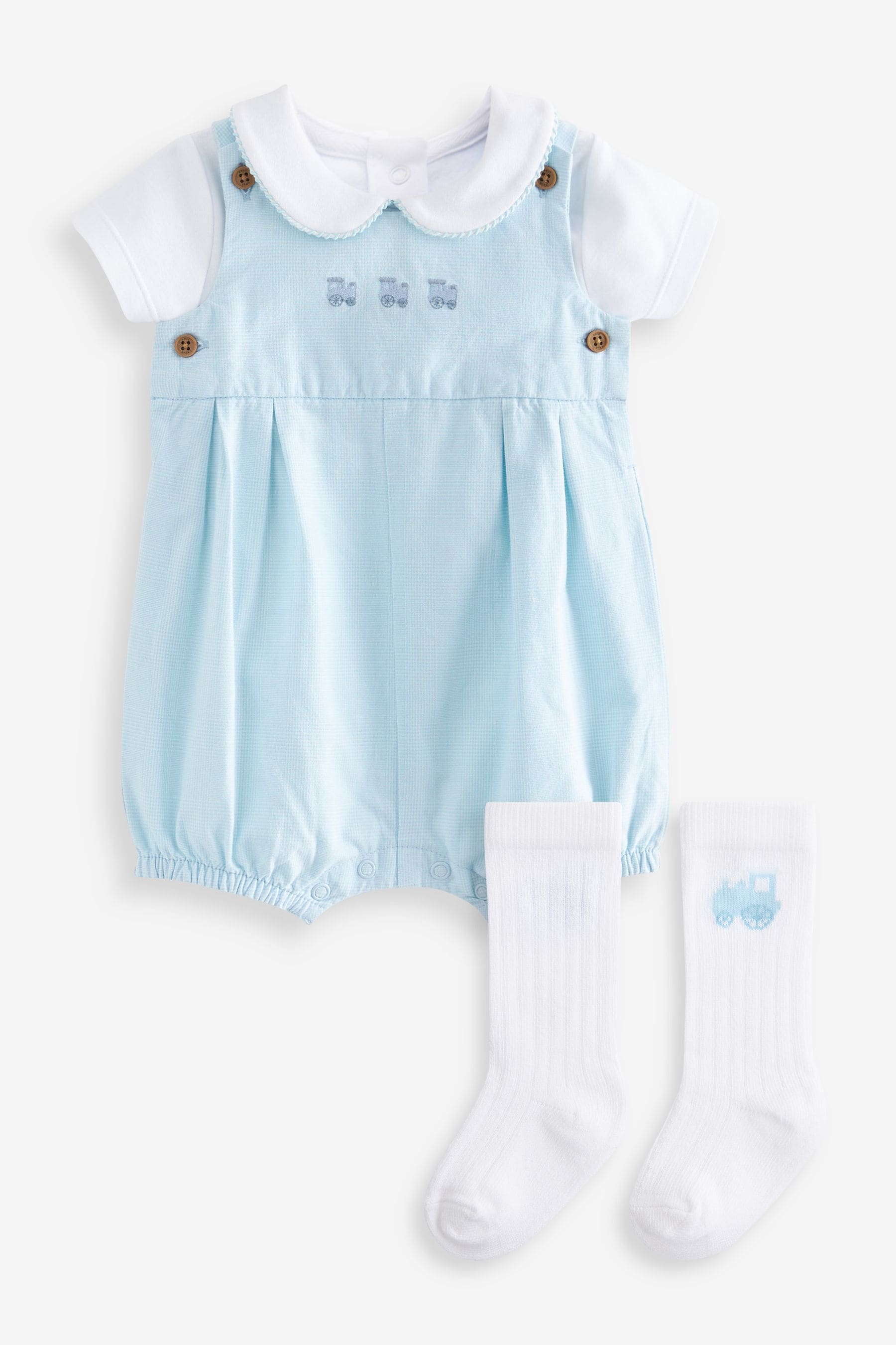 Pale Blue 3 Piece Baby Smart Check Romper, Bodysuit And Socks Set (0mths-2yrs)