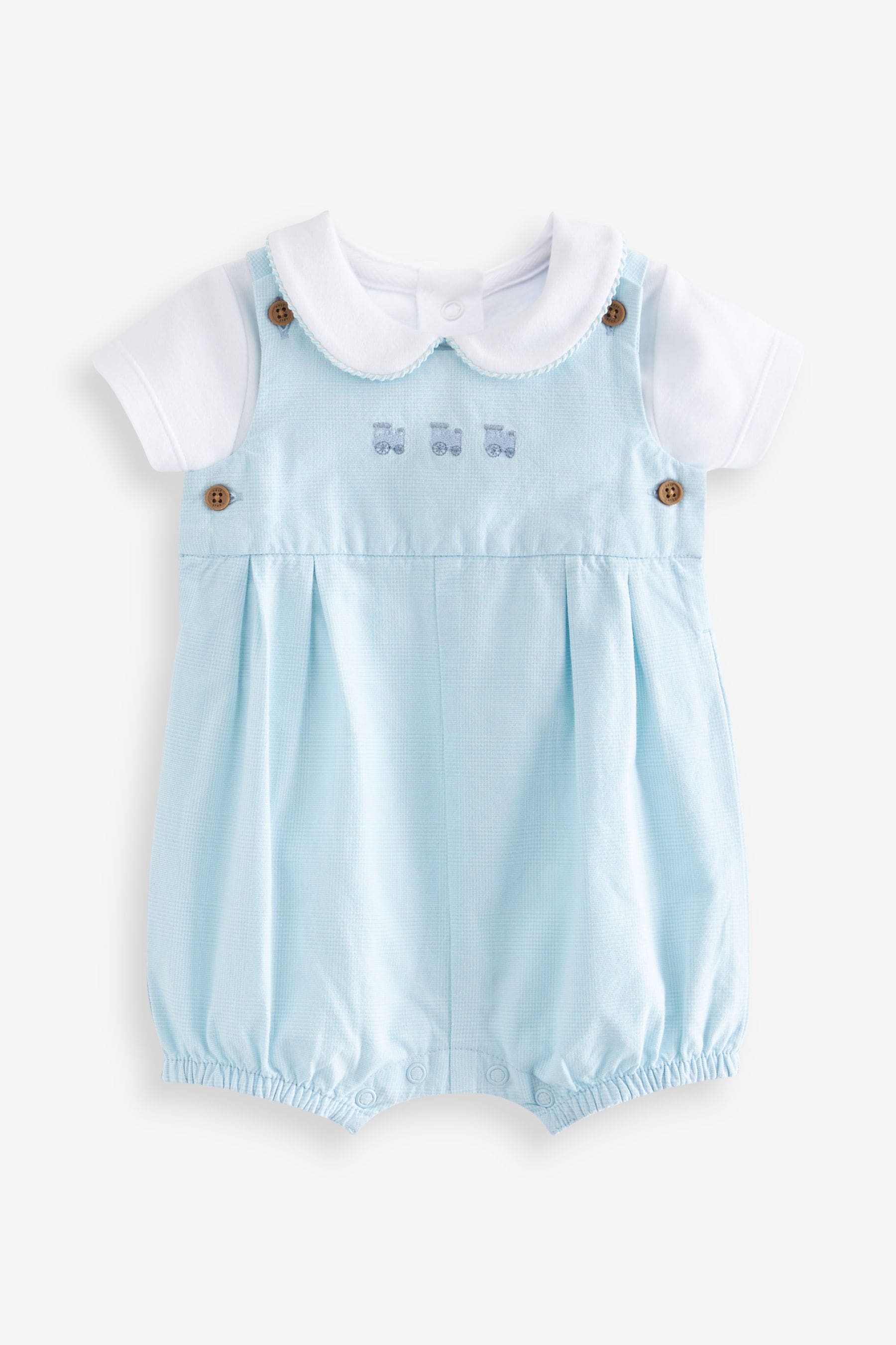 Pale Blue 3 Piece Baby Smart Check Romper, Bodysuit And Socks Set (0mths-2yrs)