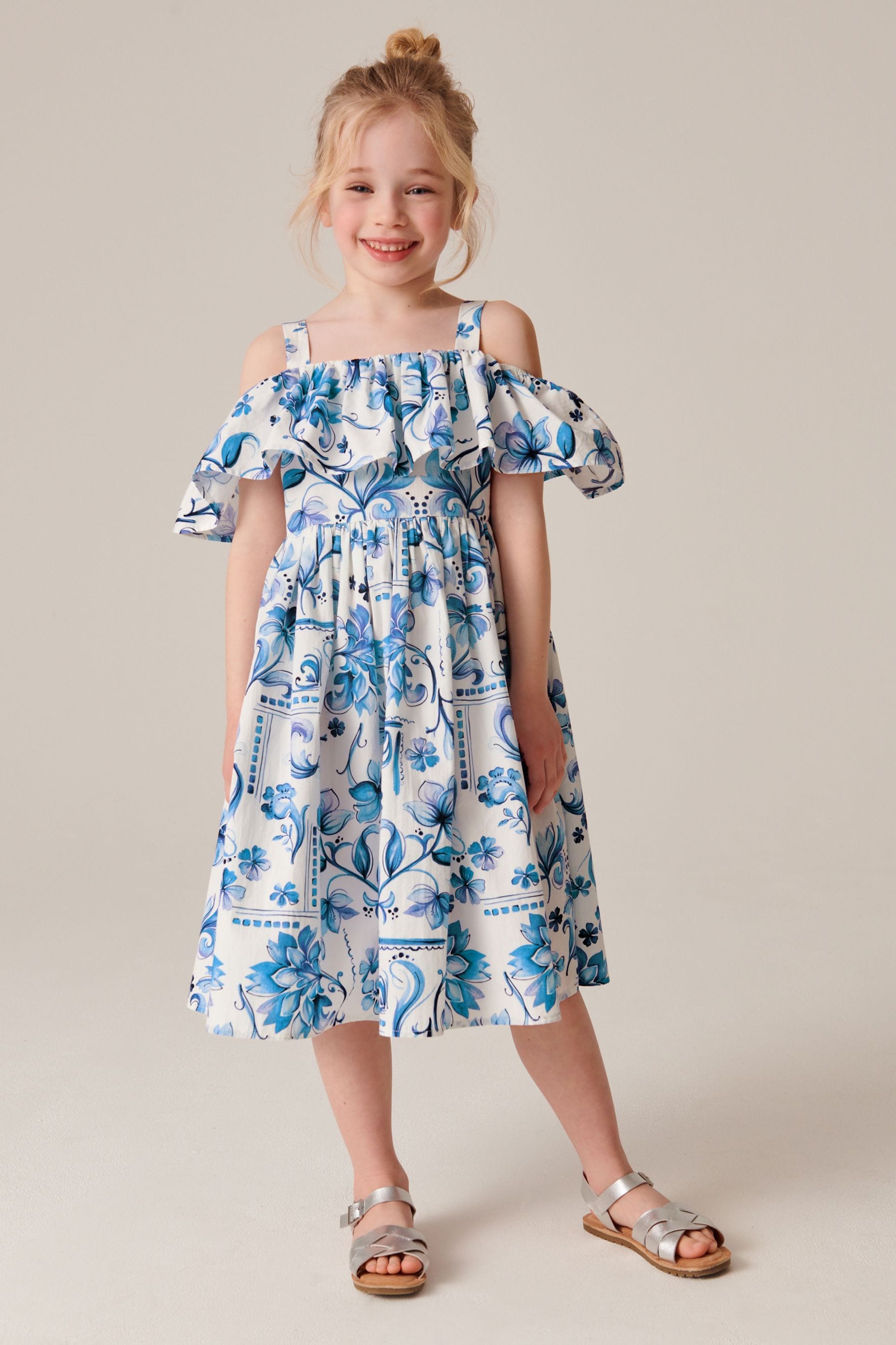 Blue Tile Cotton Cold-Shoulder Dress (3-16yrs)