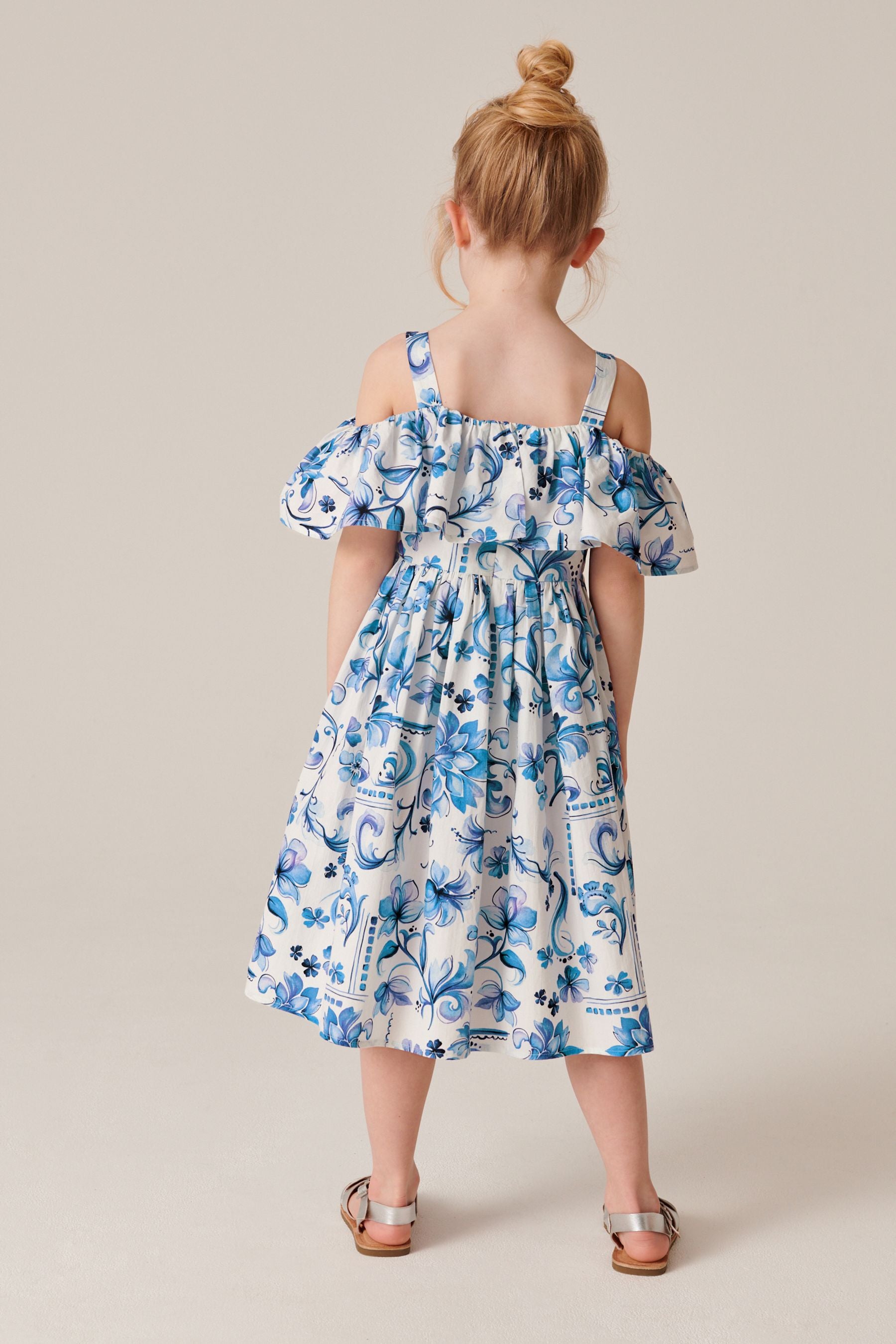 Blue Tile Cotton Cold-Shoulder Dress (3-16yrs)