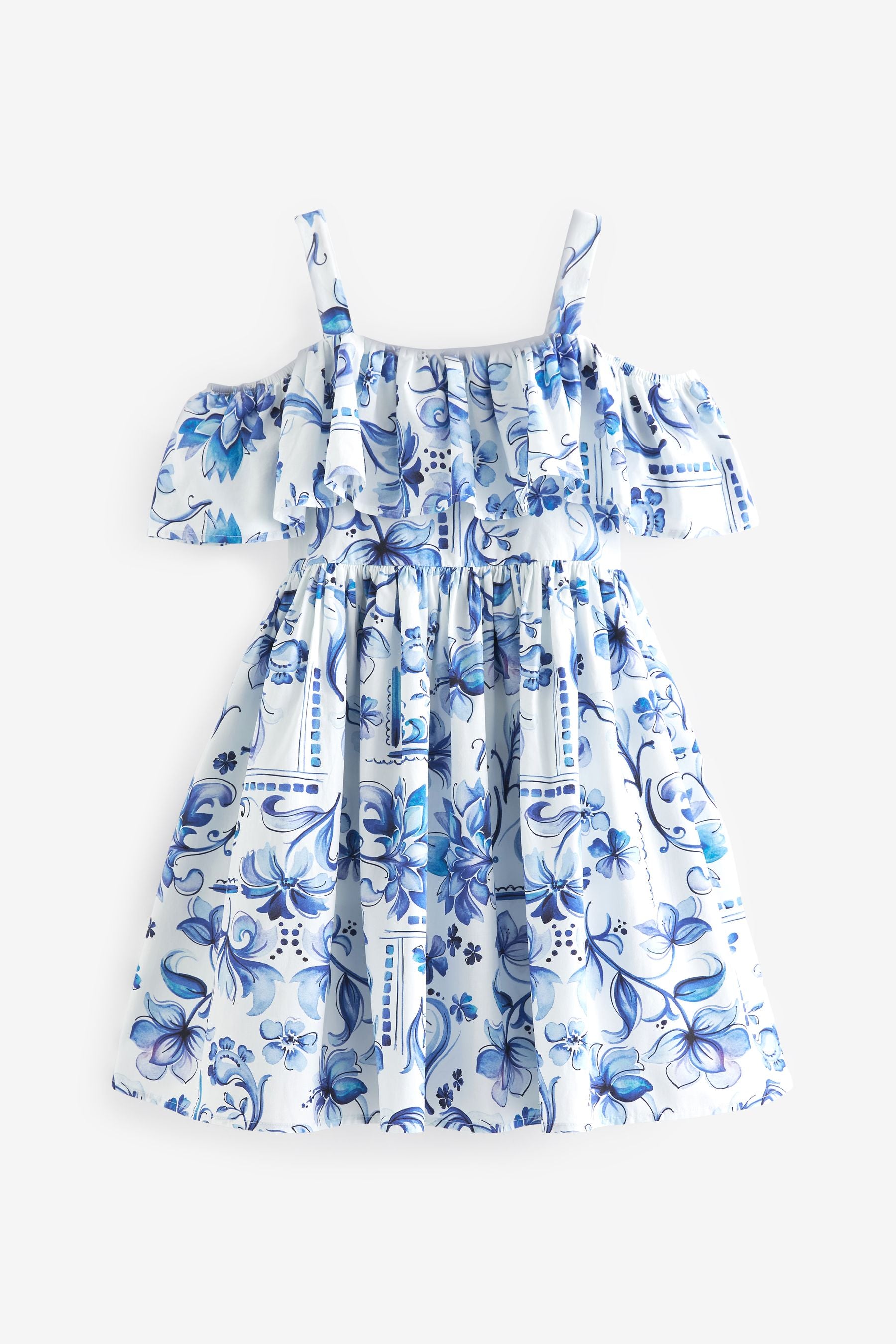 Blue Tile Cotton Cold-Shoulder Dress (3-16yrs)