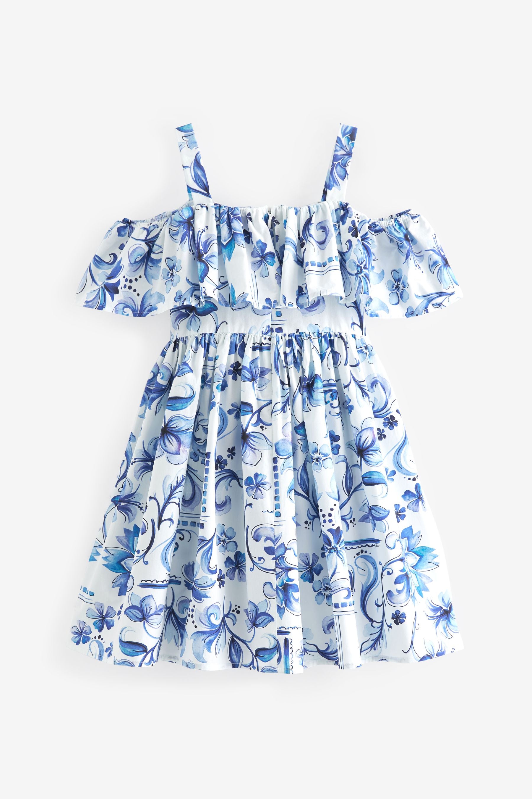 Blue Tile Cotton Cold-Shoulder Dress (3-16yrs)