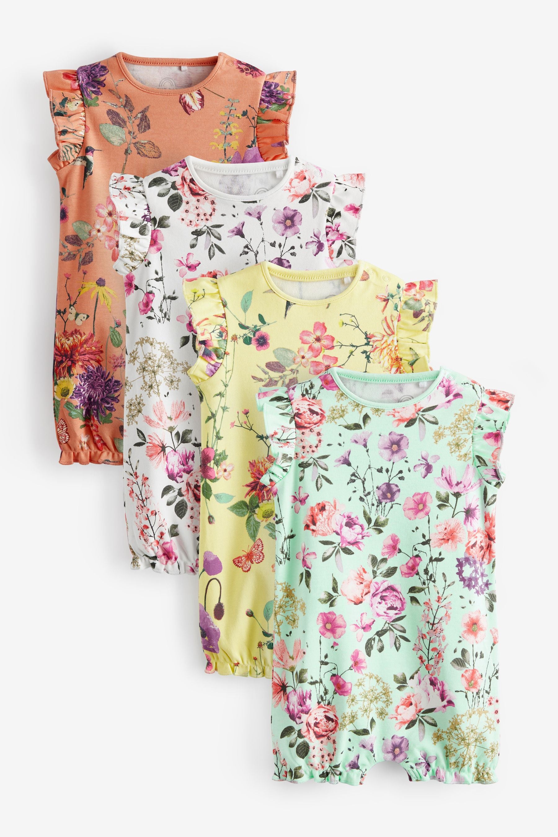 Coral Pink/Mint Green Floral 4 Pack Printed Baby Rompers