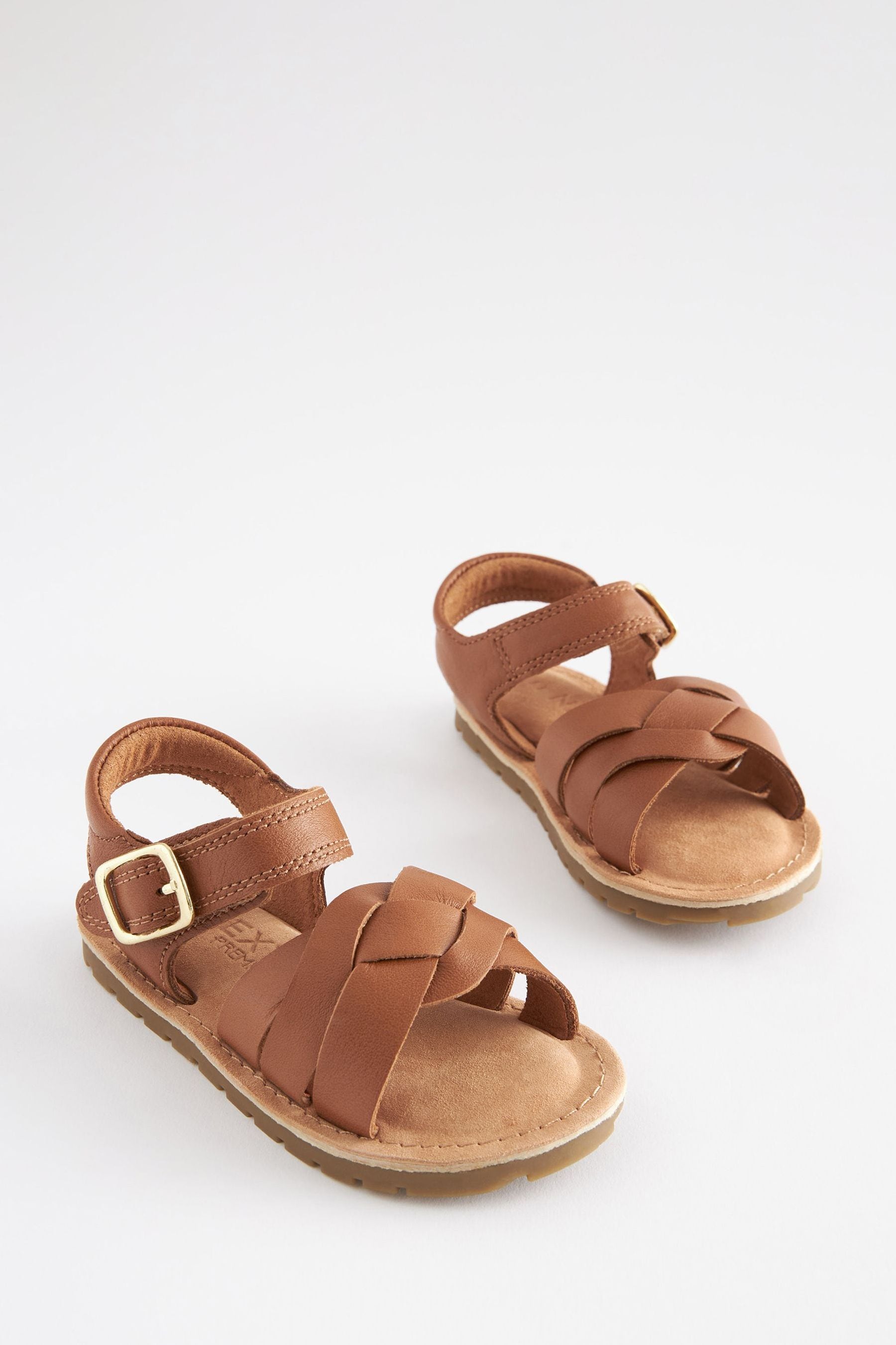 Tan Brown Leather Woven Ankle Strap Sandals