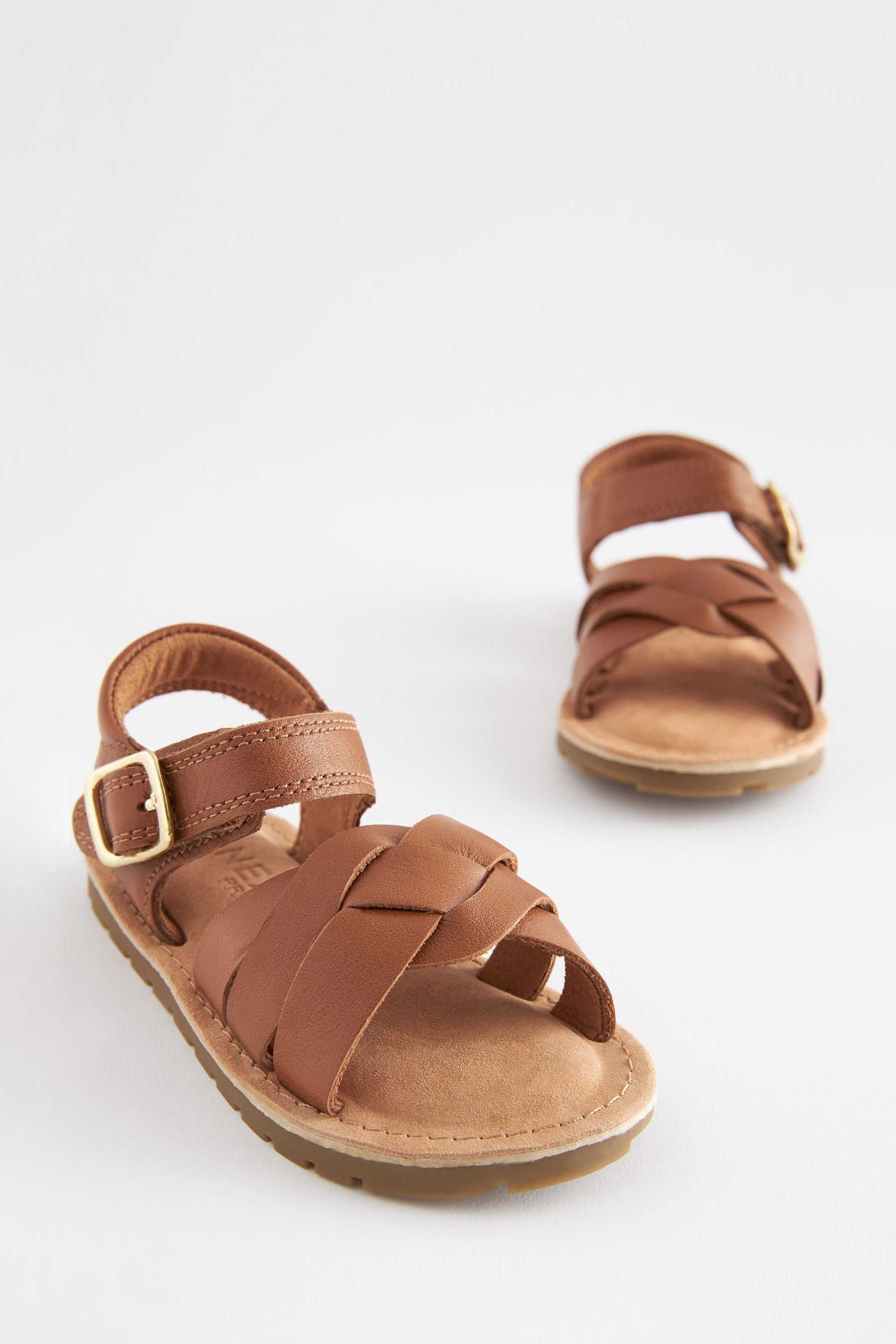 Tan Brown Leather Woven Ankle Strap Sandals