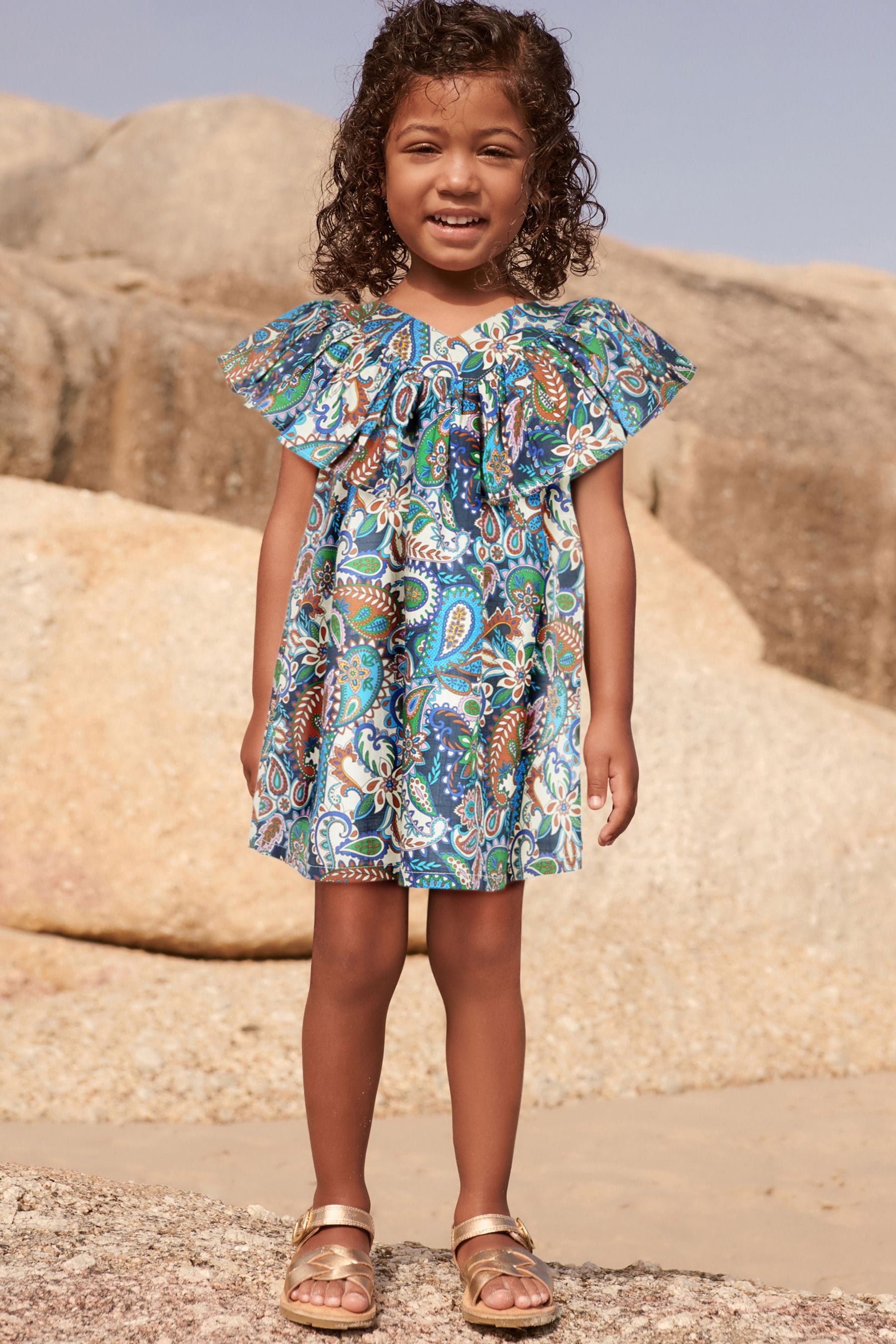 Blue Paisley Cotton Ruffle Dress (3mths-8yrs)